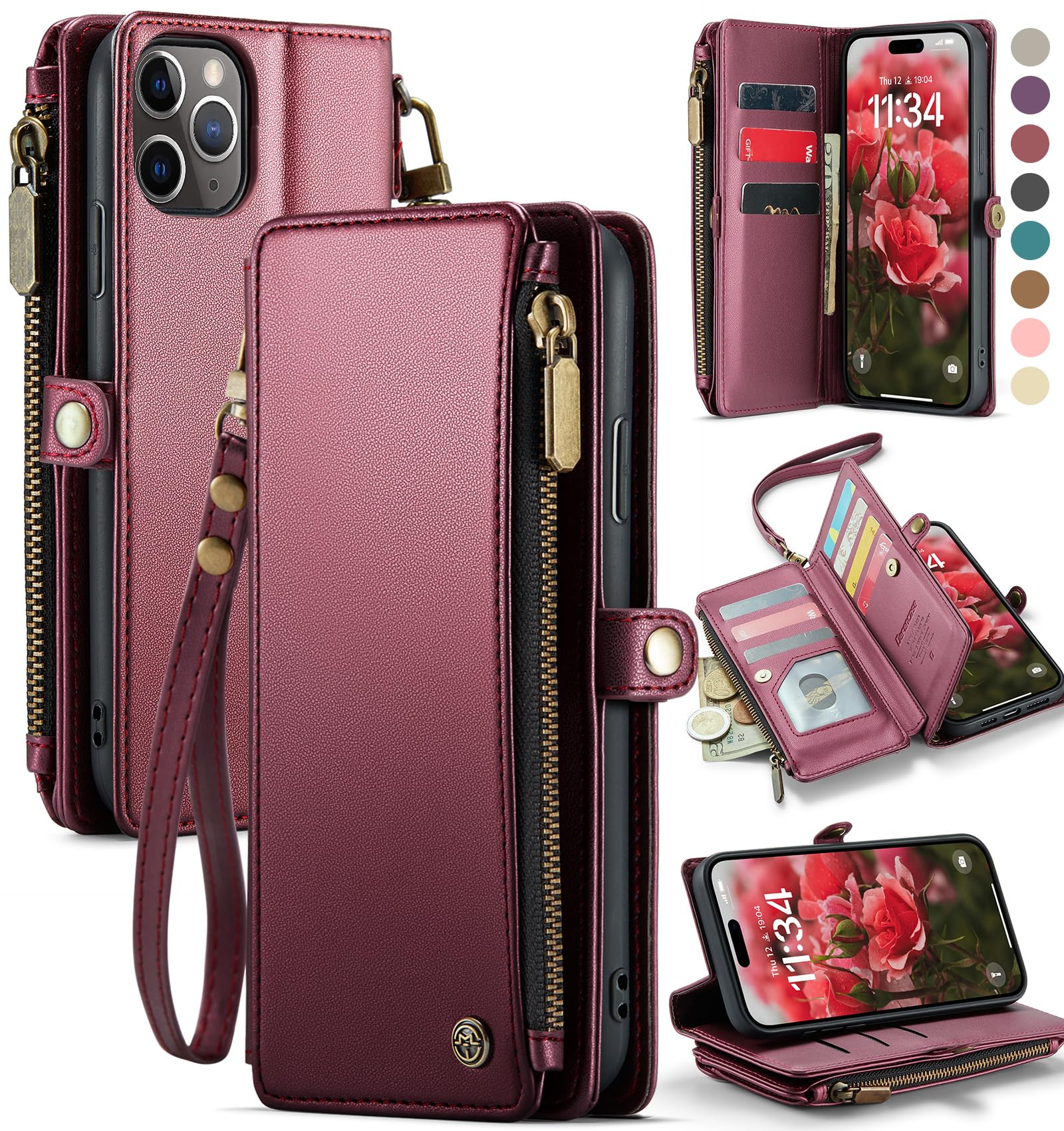 Defencase Compatible with iPhone 11 Pro Max Case Wallet with RFID Blocking Card Holder for Women Men, PU Leather Magnetic Snap Flip Zipper Strap