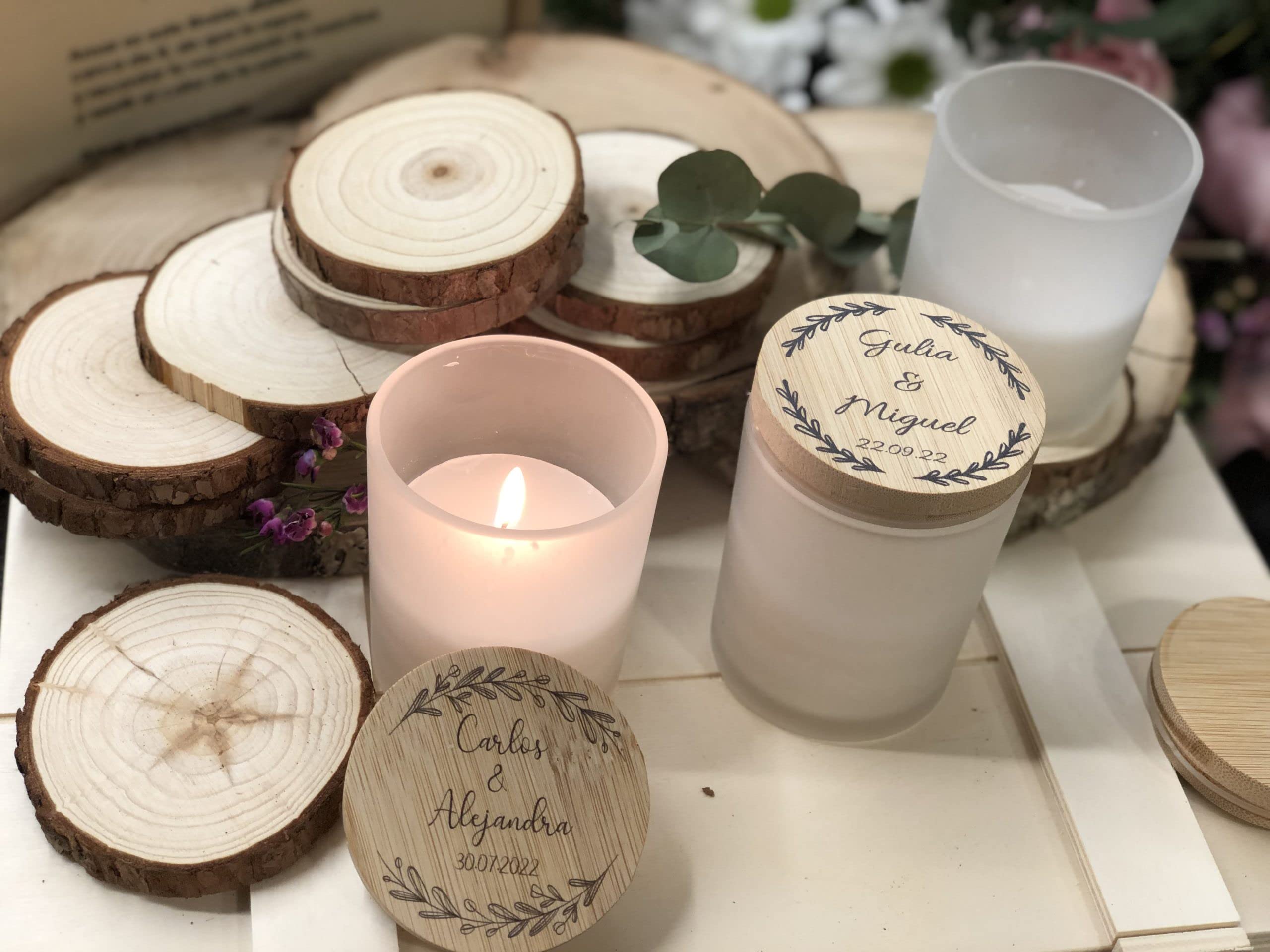 Uvimark - Detalles de boda, comunión, bautizo - Set de 10 velas aromáticas personalizadas - Velas personalizadas con tapa de madera - Regalos Originales