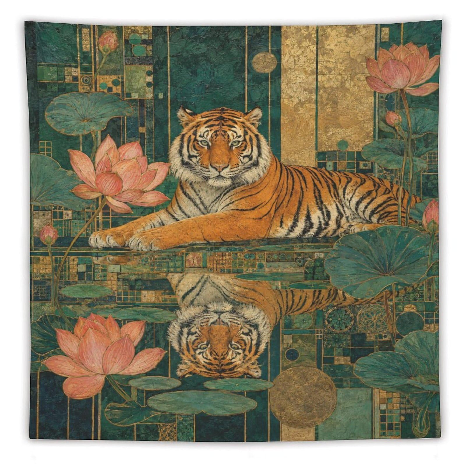 H3B8U2Y5 Tiger with Lotus Wall Tapestry, Asian Ink Style, Room Divider