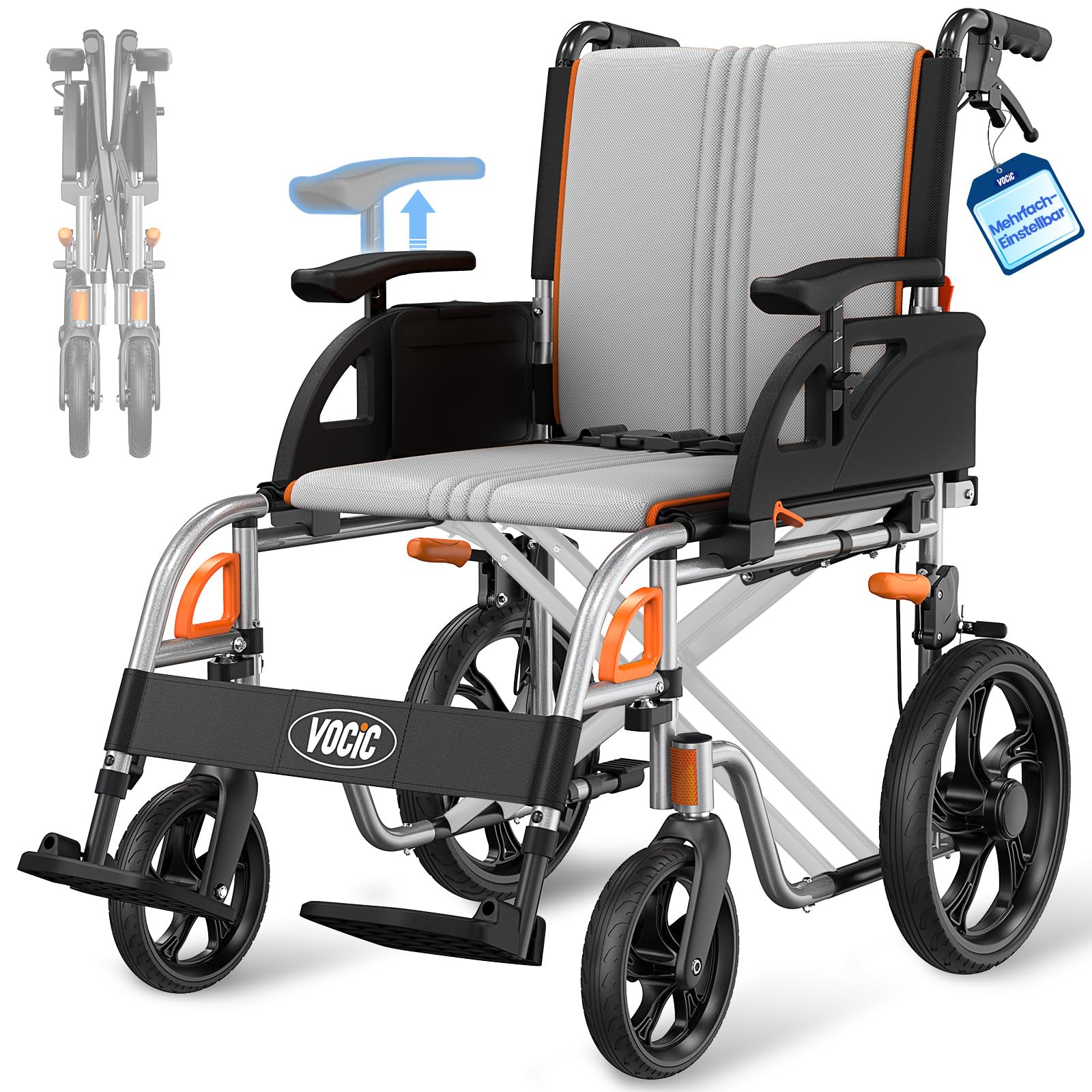 VOCIC U12 Silla de Ruedas Plegable Ligera Ergonómica | Silla ruedas estrecha 13KG hasta 136KG,manijas y reposabrazos ajustables,doble freno,neumáticos 30CM,aluminio (Gris)