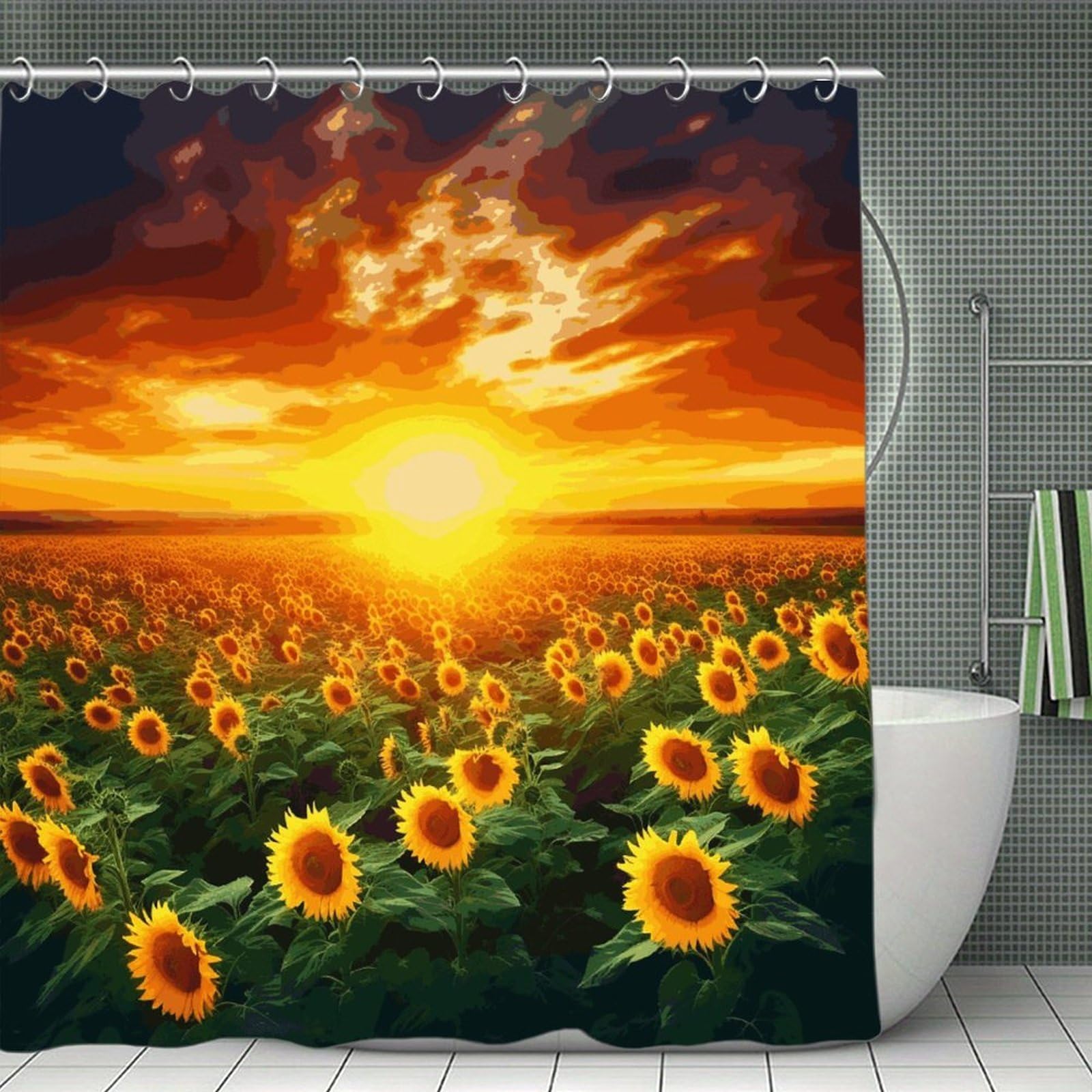 JTREHY Dreamlike Sunset of A Sunflower Field Shower Curtain Waterproof Bathroom Shower Curtain Machine Washable Bath Curtains Polyester Cloth Bath Curtains for Bathroom Showers 70.8×70.8Inch