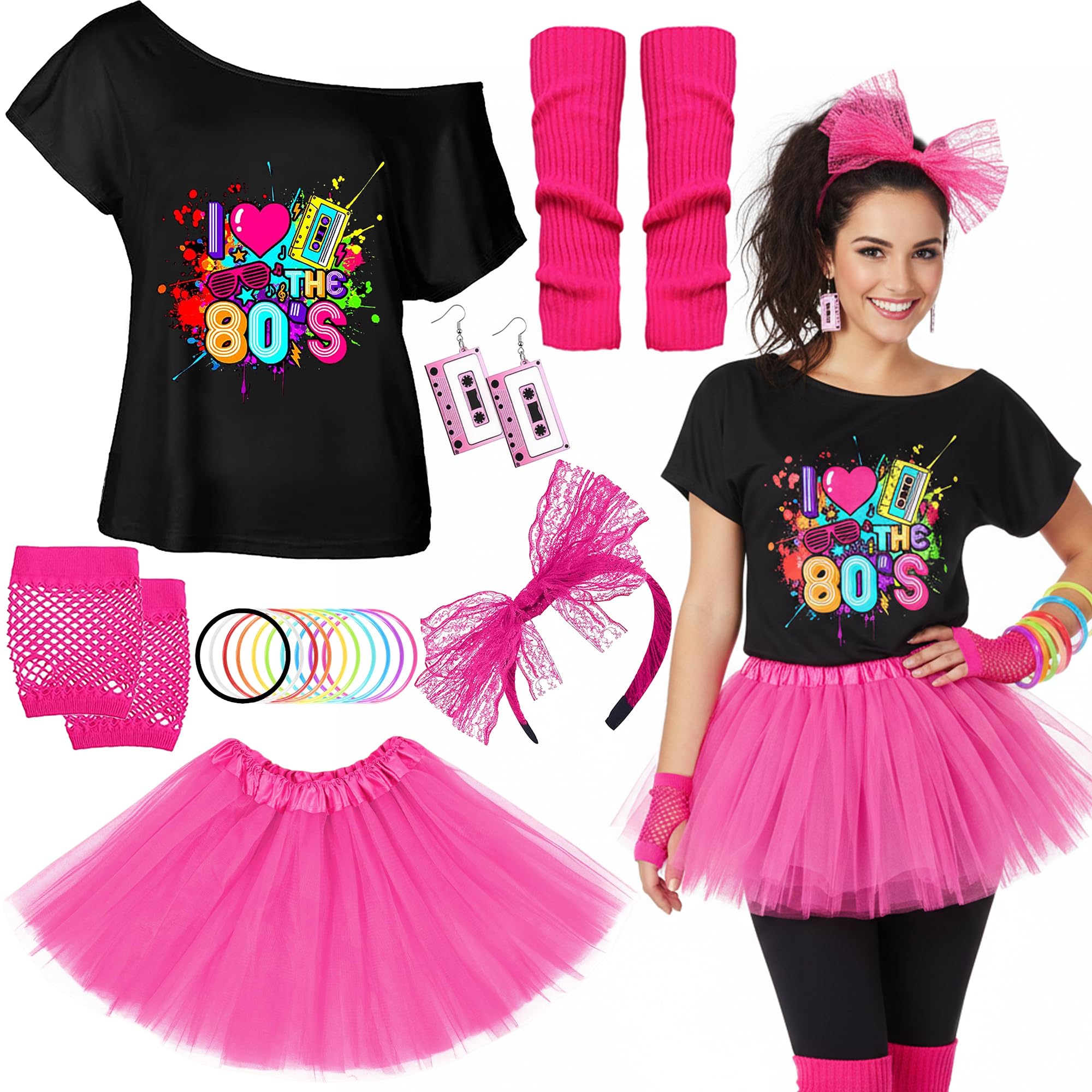 80er Jahre Outfit Damen Set - 80er kostüm Accessoires mit T-Shirt Tutu-Rock Stirnband Ohrring Neon Armband, Netzhandschuhe für Karneval Fasching Party Retro Mottoparty Kleidung