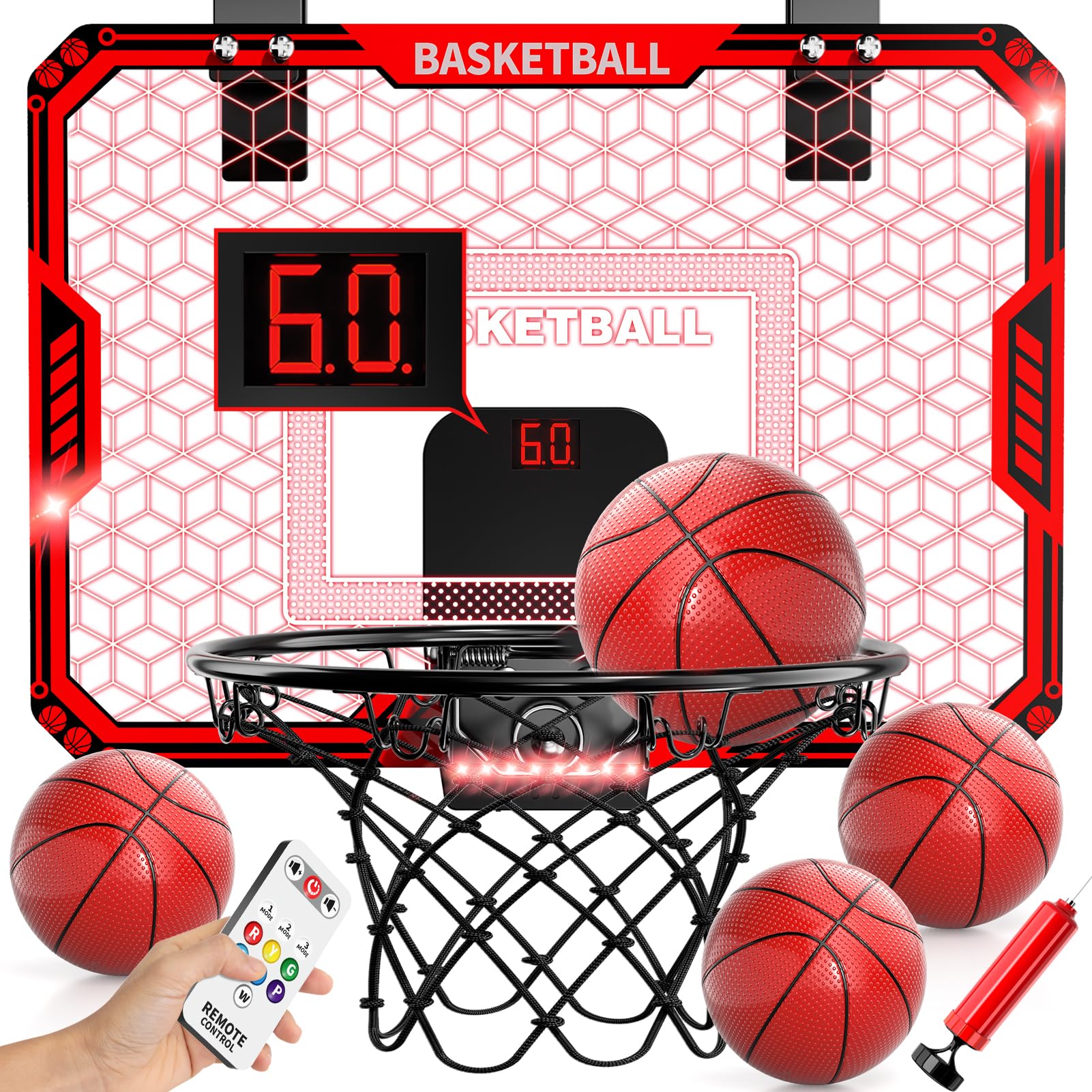 Indoor Basketball Hoop for Kids, LED Scoreboard with Remote Control 3 Modes, Mini Basketball Hoop with 4 Balls, Hoop with Electronic Scoreboard, Outdoor, Sports Gifts for 5-12 Year Old Boys