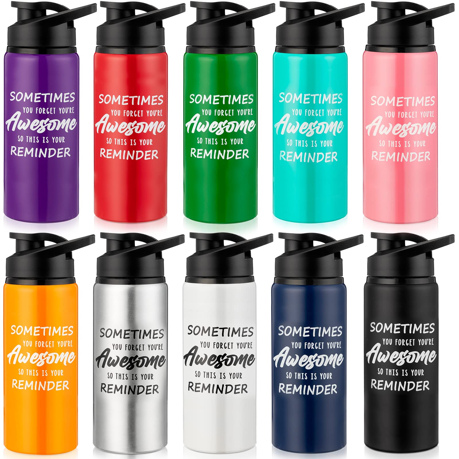 10 Stück Aluminium-Wasserflaschen mit Schnappdeckel, Dankeschön, leicht, auslaufsicher, Sport-Wasserflasche, Reiseflaschen für Fitnessstudio, Camping, Wandern (mehrfarbig, 590 ml)