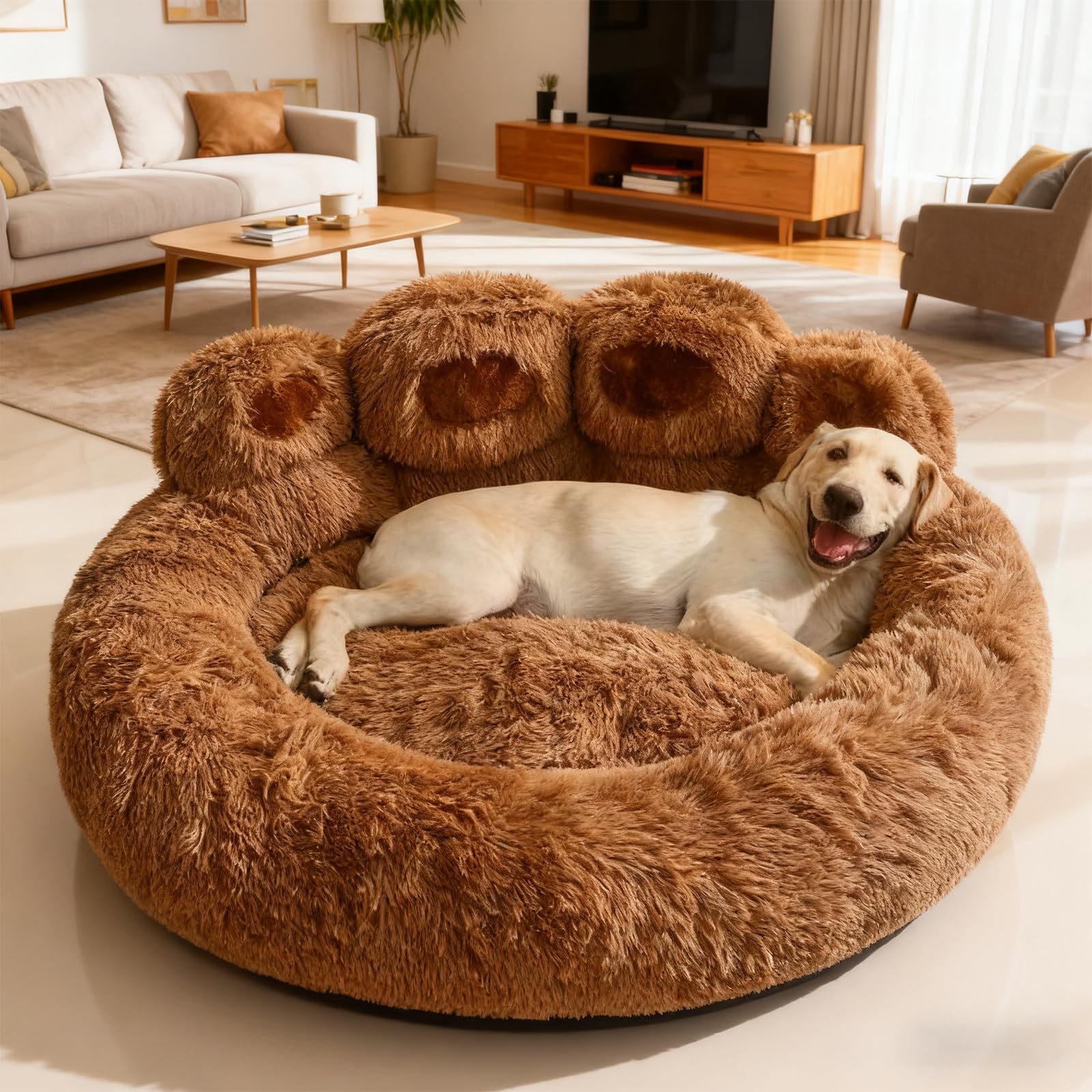 PETCUTE Letto per Gatti e Cani,Cuccia Cane Interno, Divano per Cani Lavabile,Simpatico Orso a Forma di Zampa,Morbida Lettino per Animali Domestici con Fondo Antiscivolo,Caffè,3XL