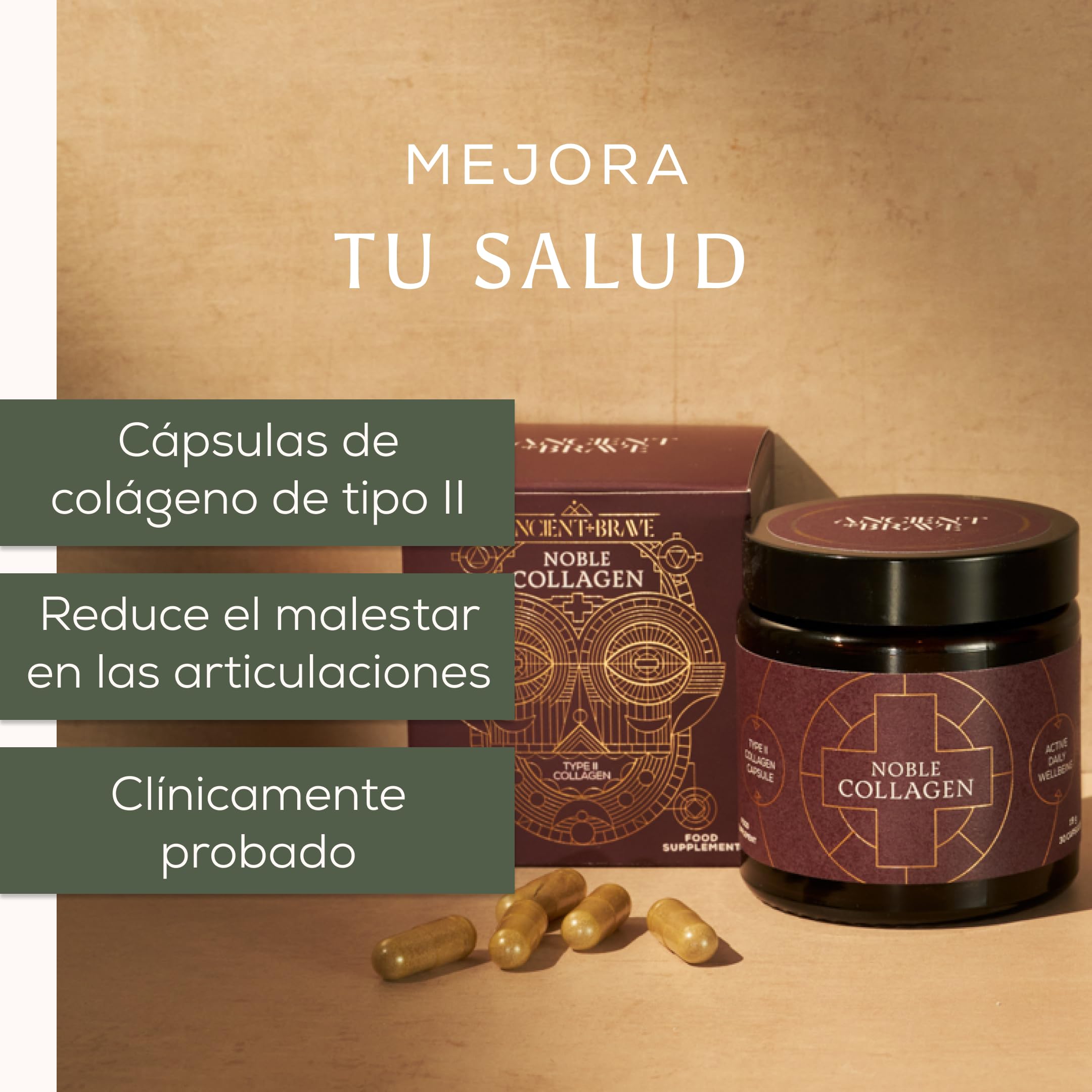 Ancient + Brave Noble Collagen | 30 Cápsulas | 30 Días | Colágeno Tipo II | Colágeno Tipo II con Vitamina C, Boswellia Serrata y Manganeso, clave para articulaciones y movilidad. Libre de gluten y soja