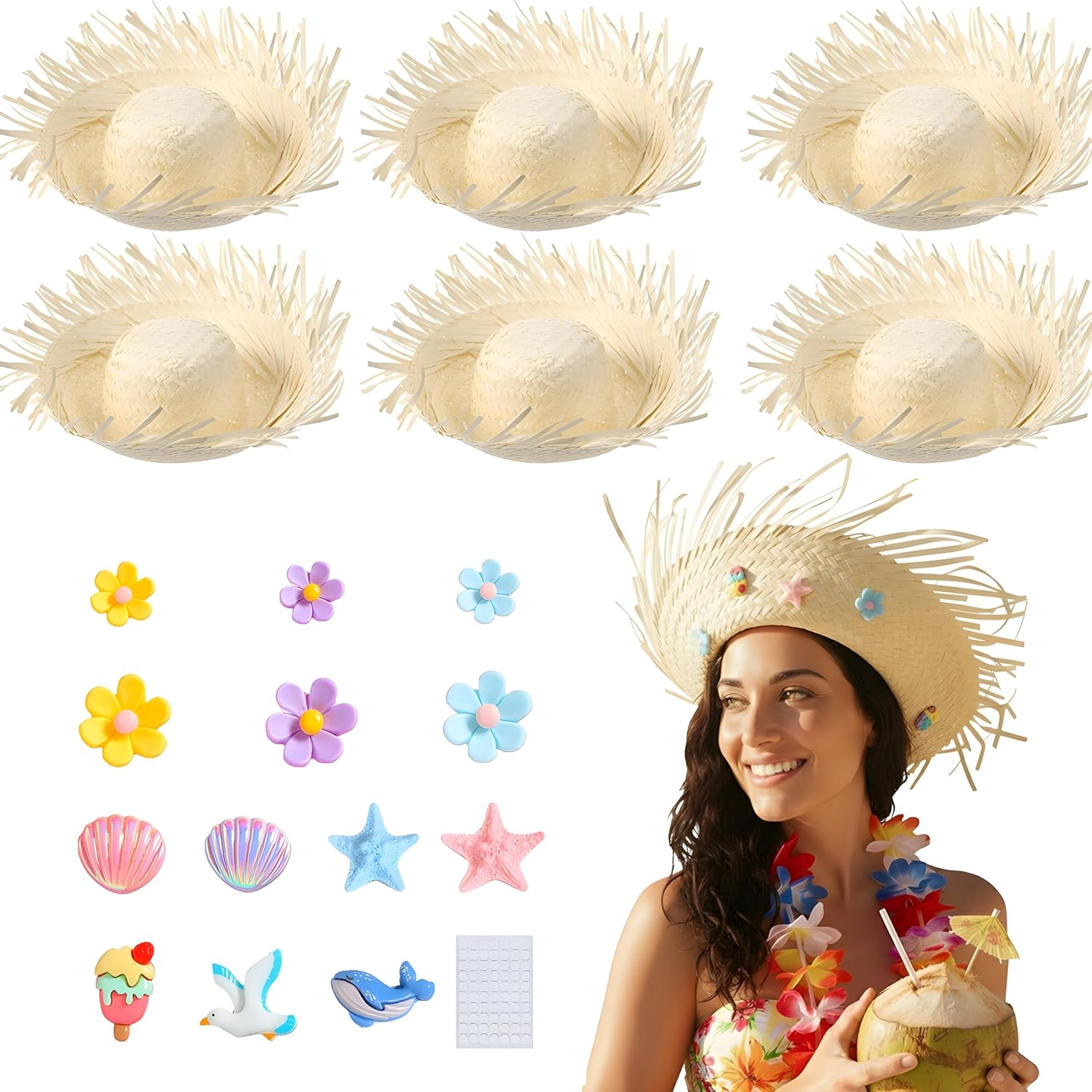 6 Pcs Hawaii Luau Straw Hats Pava Hat Puerto Rico Pava Beachcomber Hats with 78 DIY Accessories