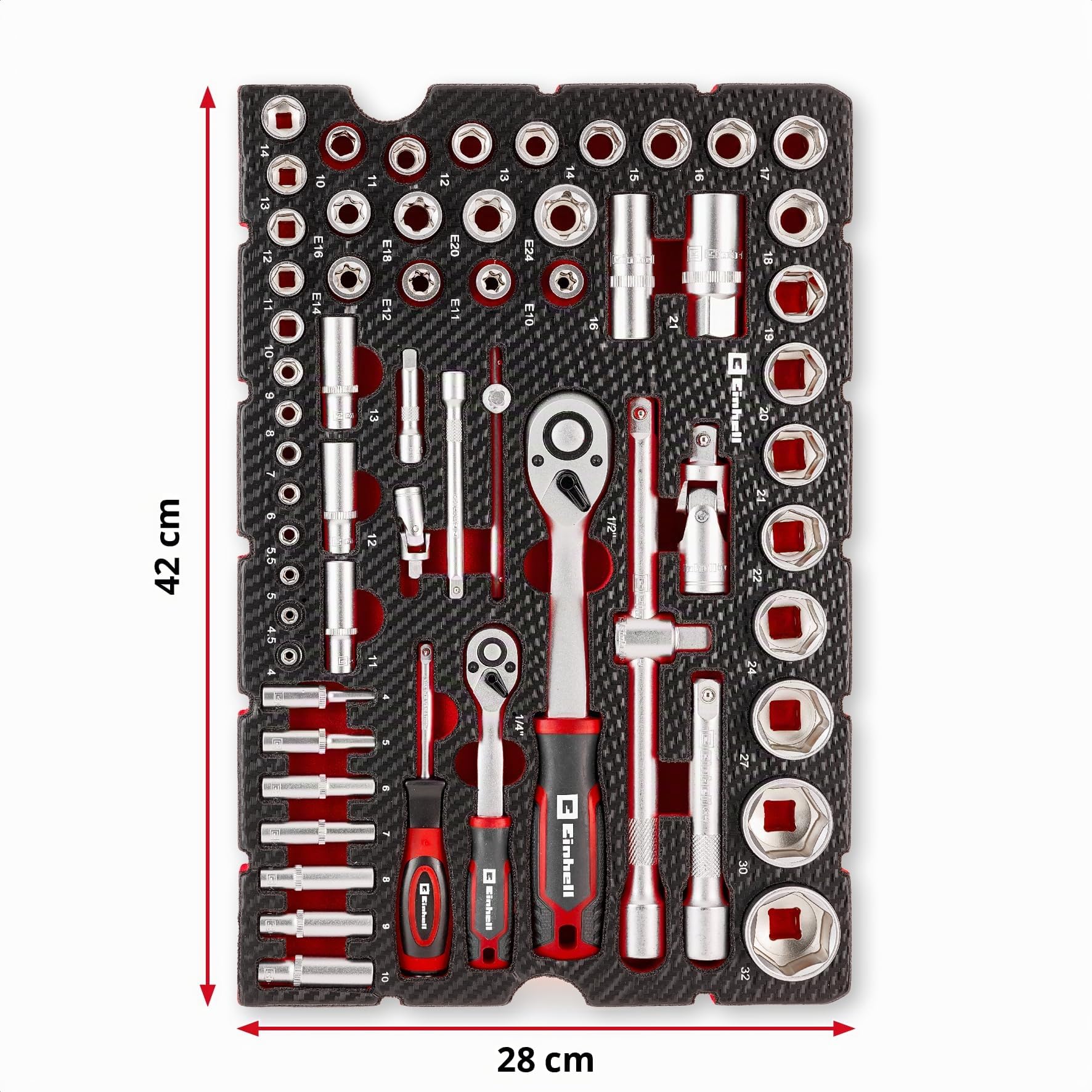 Einhell E-Case inserto portautensili 60 pezzi set di bussole e cricchetto | Cricchetti | bussole per candele | bussole | prolunghe per bussole | giunti cardanici | sistema E-Case
