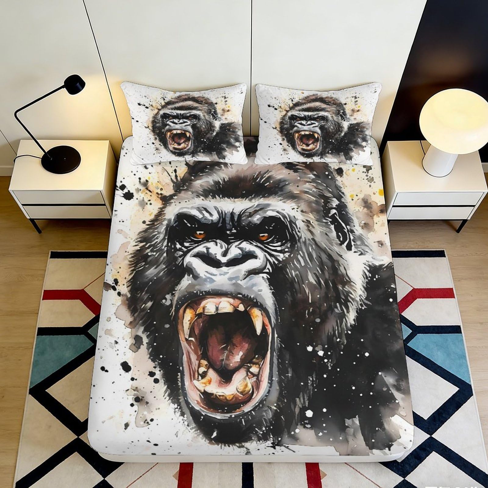 3D Printed Angry Gorilla Fitted Sheet Microfiber Soft Breathable Roaring Ape Bed Cover for Bedroom Dormitory Guest Room Mattress Protection Decor 90x200x25cm