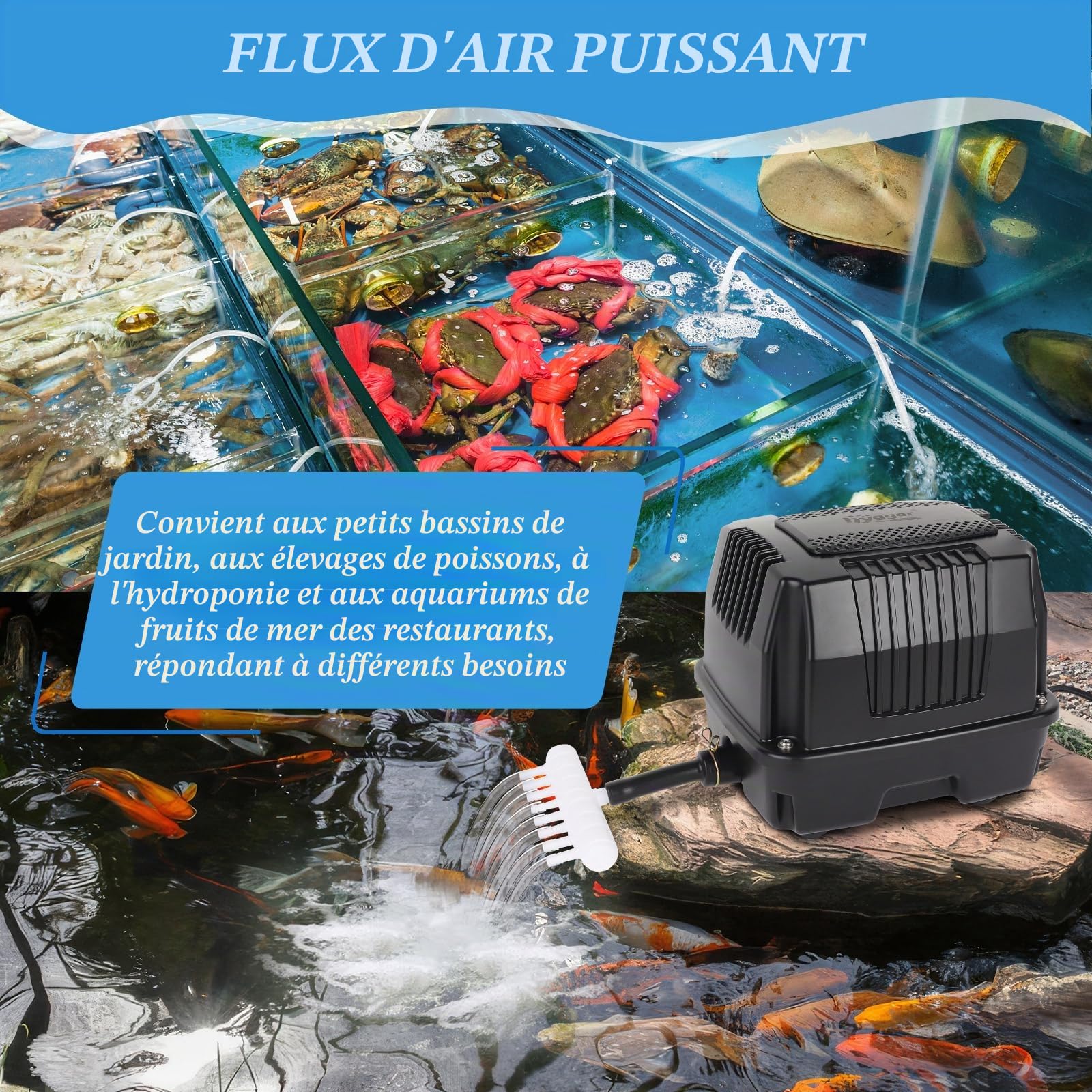 hygger Pompe à Air pour Bassin,25W Puissantes Aérateur Bassin,Silencieuses Pompe à Air pour Bassin Extérieur avec Conversion Connecteur,Fish Pond Air Pump for Fishing Yacht,Fish Farm and Hydroponic