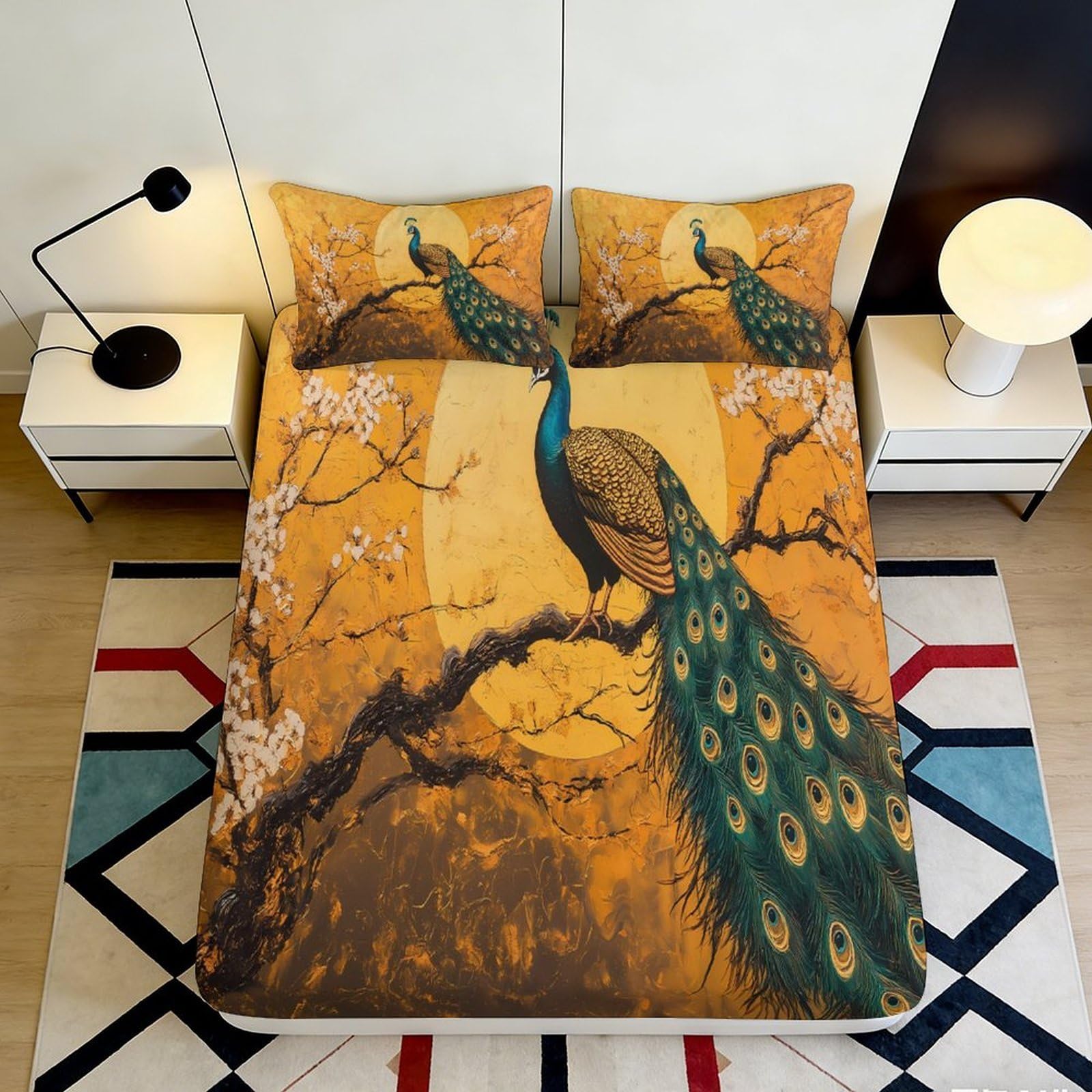Pnayamiorkfel Style-3 3D Printed Golden Peacock Fitted Sheet Microfiber Bedroom Decor Artistic Blossom Bed Cover For Home Guest Room 90X200x25cm