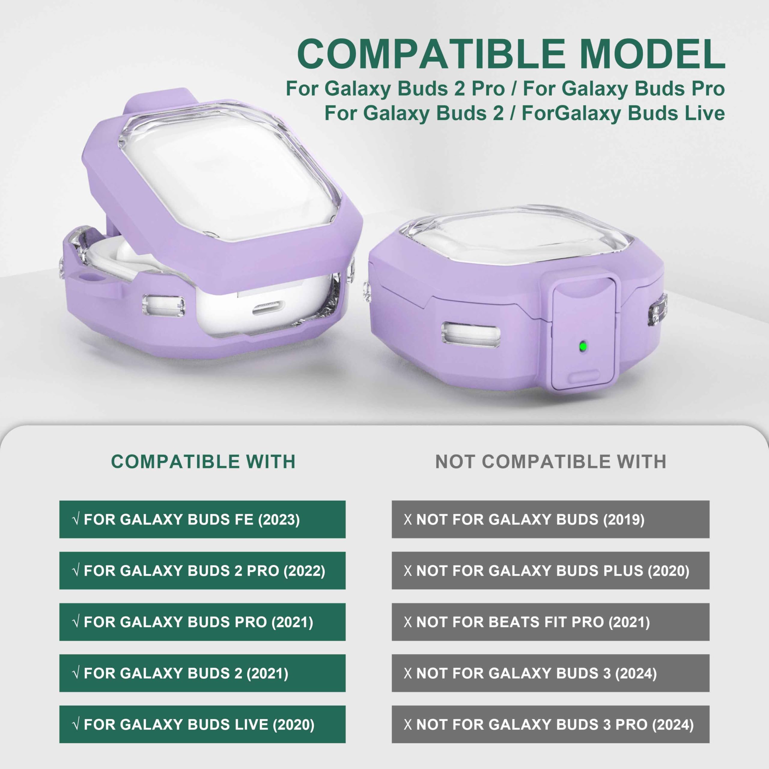 Maxjoy Galaxy Buds Pro 2 Case - Compatible with Samsung Galaxy Buds 2 Pro, Live, 2, FE; Transparent Protective Case with Keychain (Anti-Drop Lock) - Purple