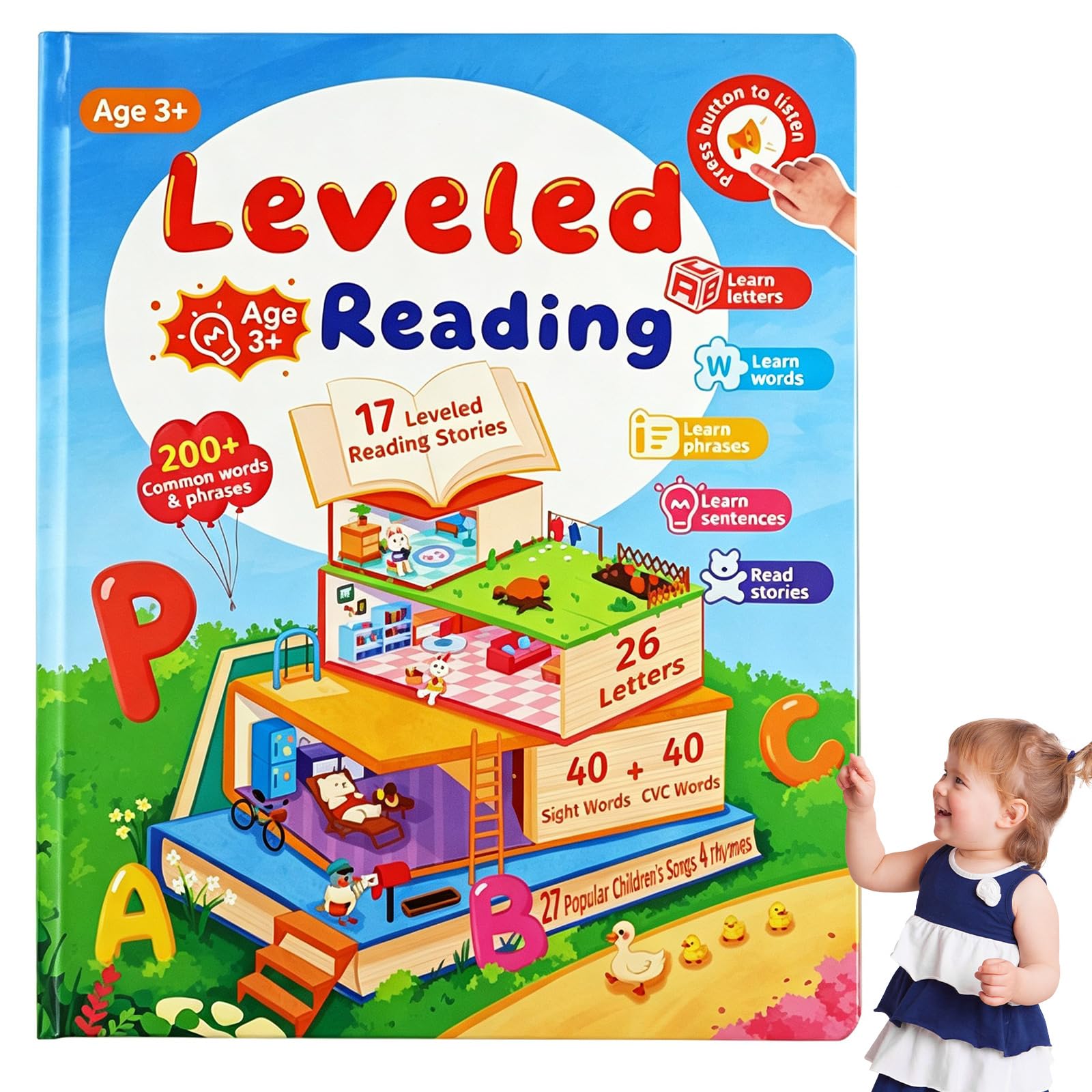 Interactive Talking Book, Rechargeable English Sound Book with Interactive Learning, Educational Reading Toy for Toddlers and Preschoolers，C
