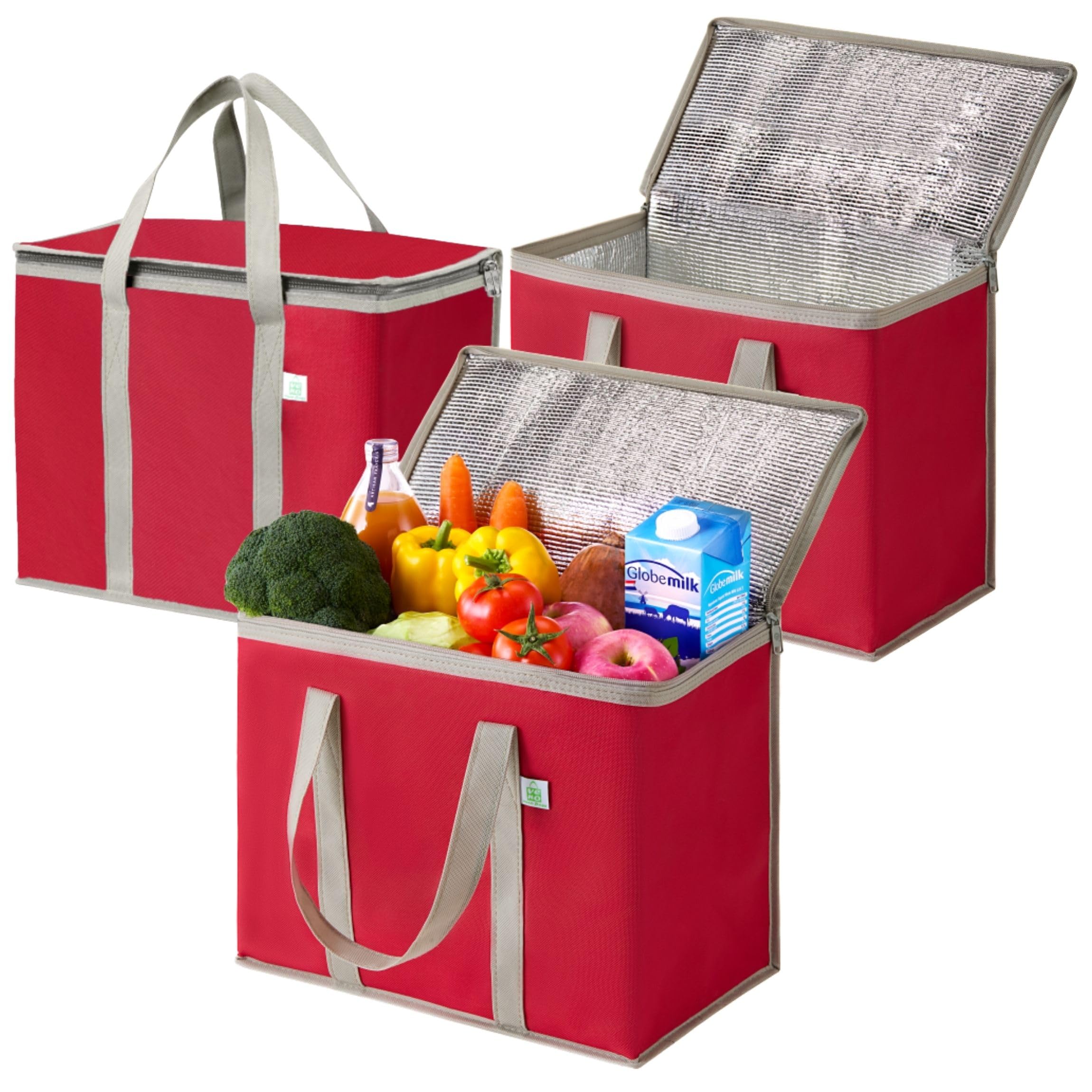 Veno Red 2 Pack Cooler Bag And Insulated Grocery Bags For Food Delivery, Collapsible Cooler, Reusable Shopping Bags For Groceries With Zipper, Foldable, Heavy-Duty, Stands Upright (, 3 Pack)