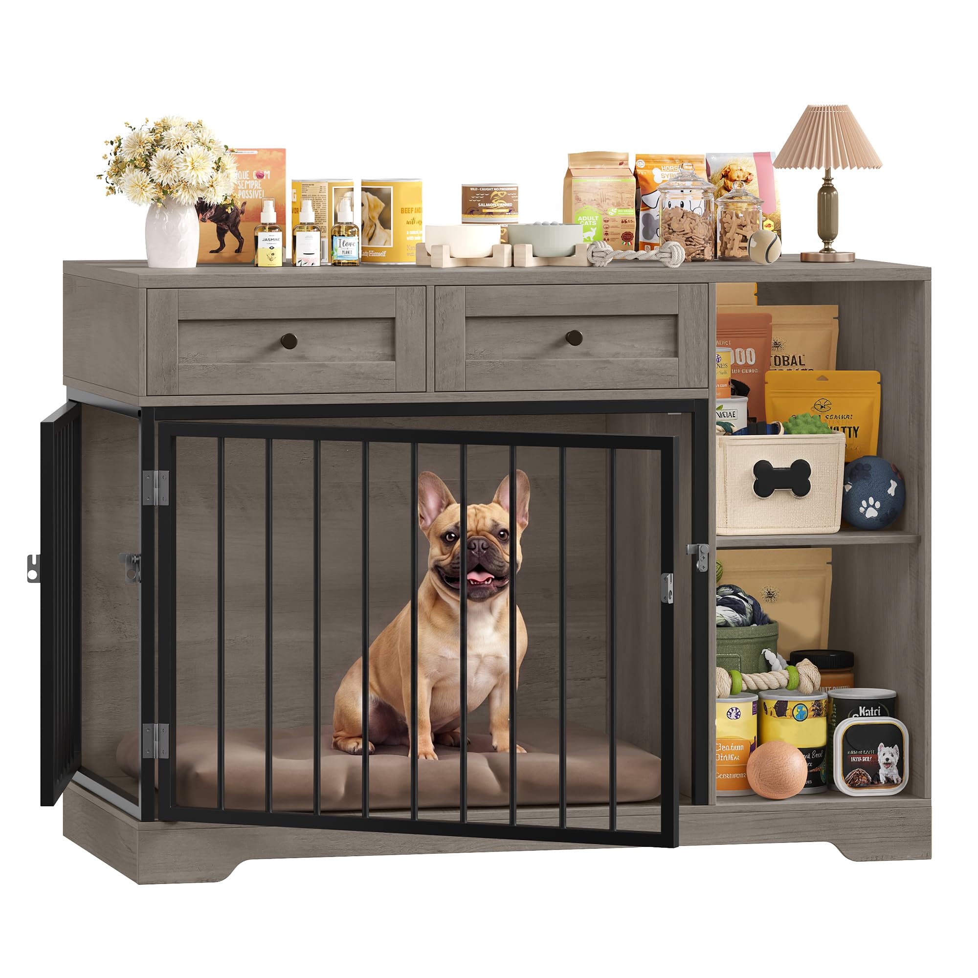 FirFurd Hundebox für kleine Hunde Hundekäfig Möbel mit Schubladen & 2 Türen | Hundebox für Zuhause, Hundekäfig aus Metall und Holz, Hundehütte Indoor, Hundehaus, Tierhaus, 120x87x60cm, Braun & Schwarz