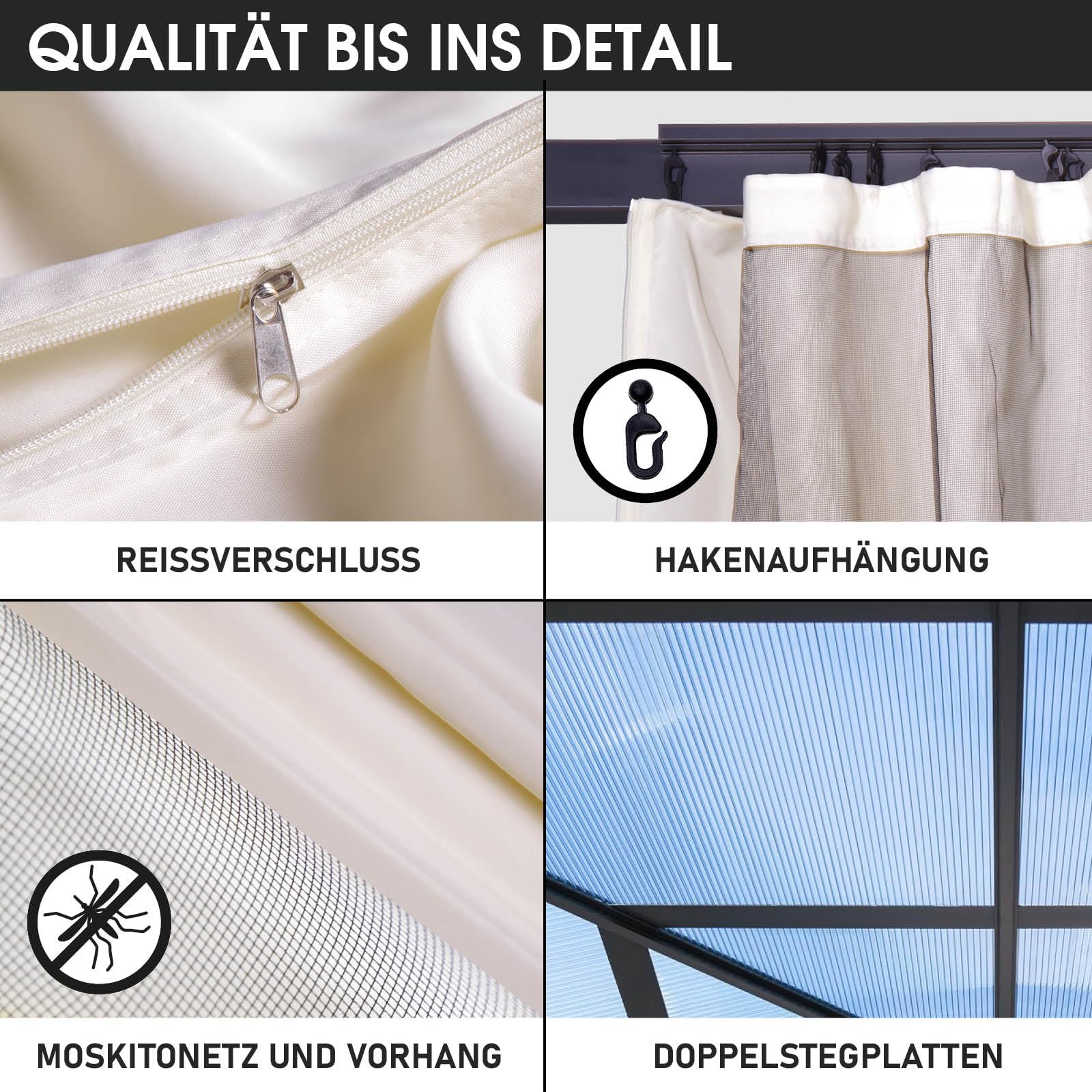 BRAST® Alu Pavillon Summerdream | viele Modelle & Farben | Größen 3x3m 3x4m | Moskitonetz + LEDs | TÜV geprüft | wasserdicht | UV-Schutz | festes Dach | 3x4m Grau LEDs