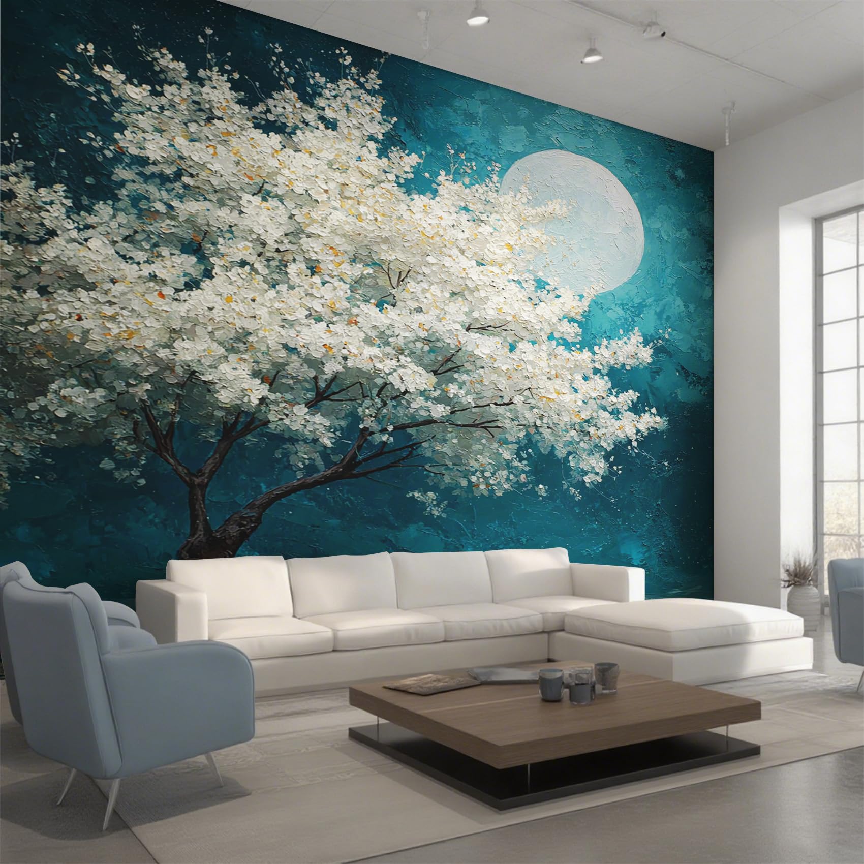 Generisch Vlies Fototapete Magnolien Baum 400x280 cm, Tapete Türkis Weiß Tapeten Vliestapete Wohnzimmer Ölgemälde Pflanzen Schlafzimmer Wandtapete Ornamente Mustertapete W&66