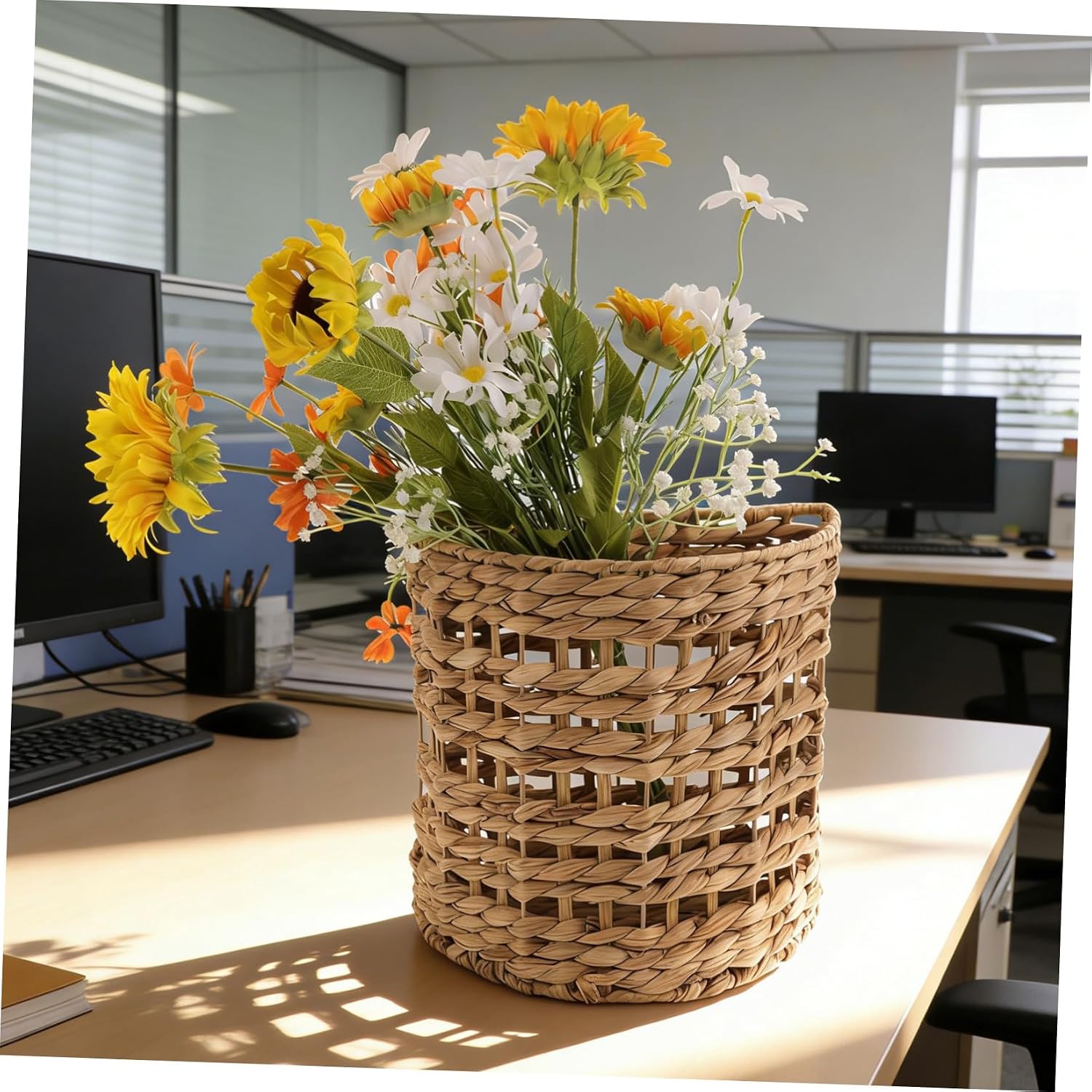 Handwoven Hanging Basket for Organizing Mail and Magazines, Natural Straw Semicircular Wall Basket with Metal Frame, Multipurpose Breathable Storage Organizer for Entryway