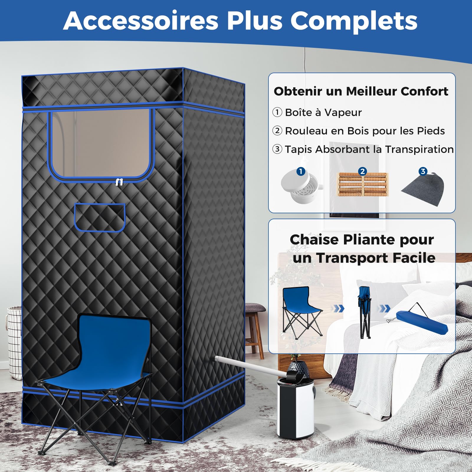 COSTWAY Sauna à Vapeur Portable 3L avec Chaise Pliable pour Tout le Corps, Tente de Sauna pour 1 Personne avec 9 Niveaux Température Masseur de Pieds Minuterie, pour Relaxation à la Maison (Noir)