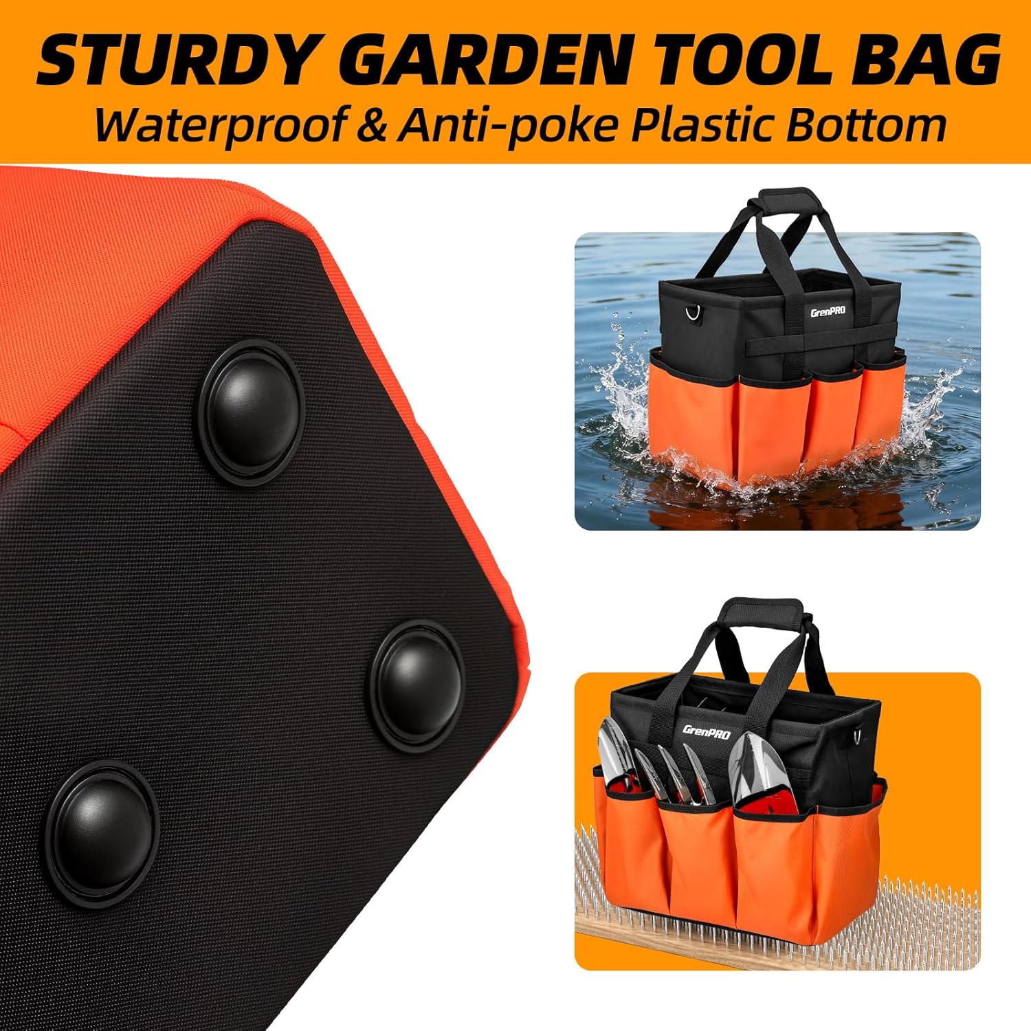 Garden Tool Bag Organizer, Heavy Duty Gardening Tote Toolbox with 10 Pockets, Adjustable Shoulder Strap, Standable & Foldable for Tool Storage, Home Garden Kit, Orange (Tools Not Included) - Image 7