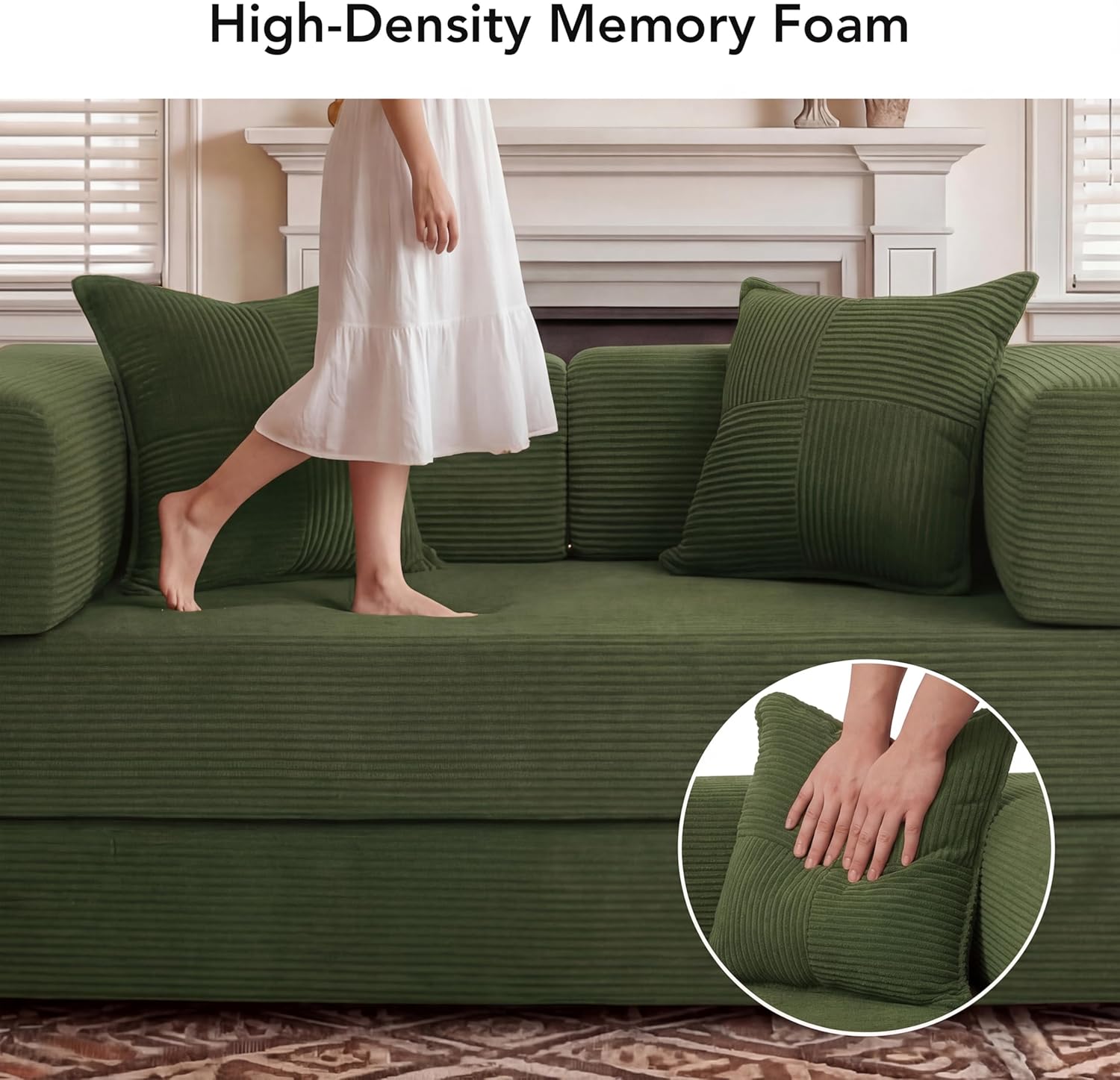 WEUP 5-in-1 Convertible Sofa Bed,65" Folding Boneless Couch with Fixed-Shape Frame, Corduroy Floor Sofa Loveseat Sleeper for Living Room, Bedroom, Small Apartment, Green