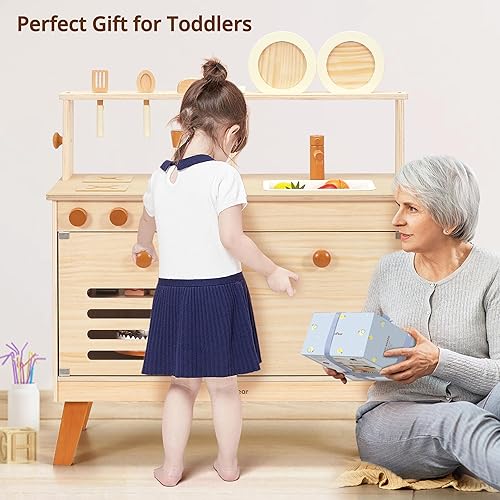 Miniatura 6 de PairPear Cocina de juego para niños, grande de madera natural para niños, accesorios de cocina con manualidades y estantería, juguetes de comida