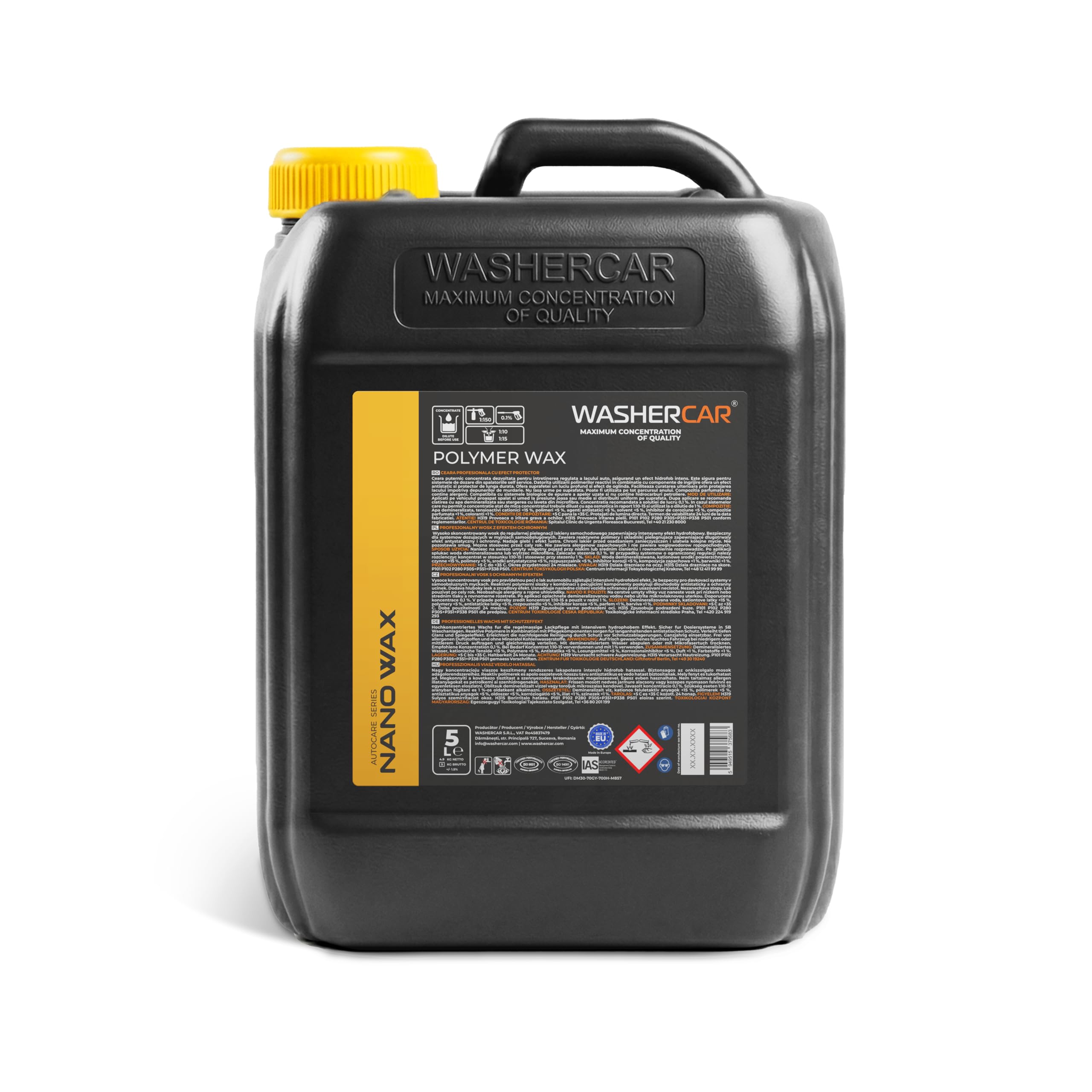 WasherCar Autowachs Konzentrat 5L – Polymerwachs & Nanowachs | Lackversiegelung mit Lotus-Effekt & Abperleffekt | Trocknungswachs & Schnellwachs | Foam Cannon & Hochdruckreiniger | Made in Europe