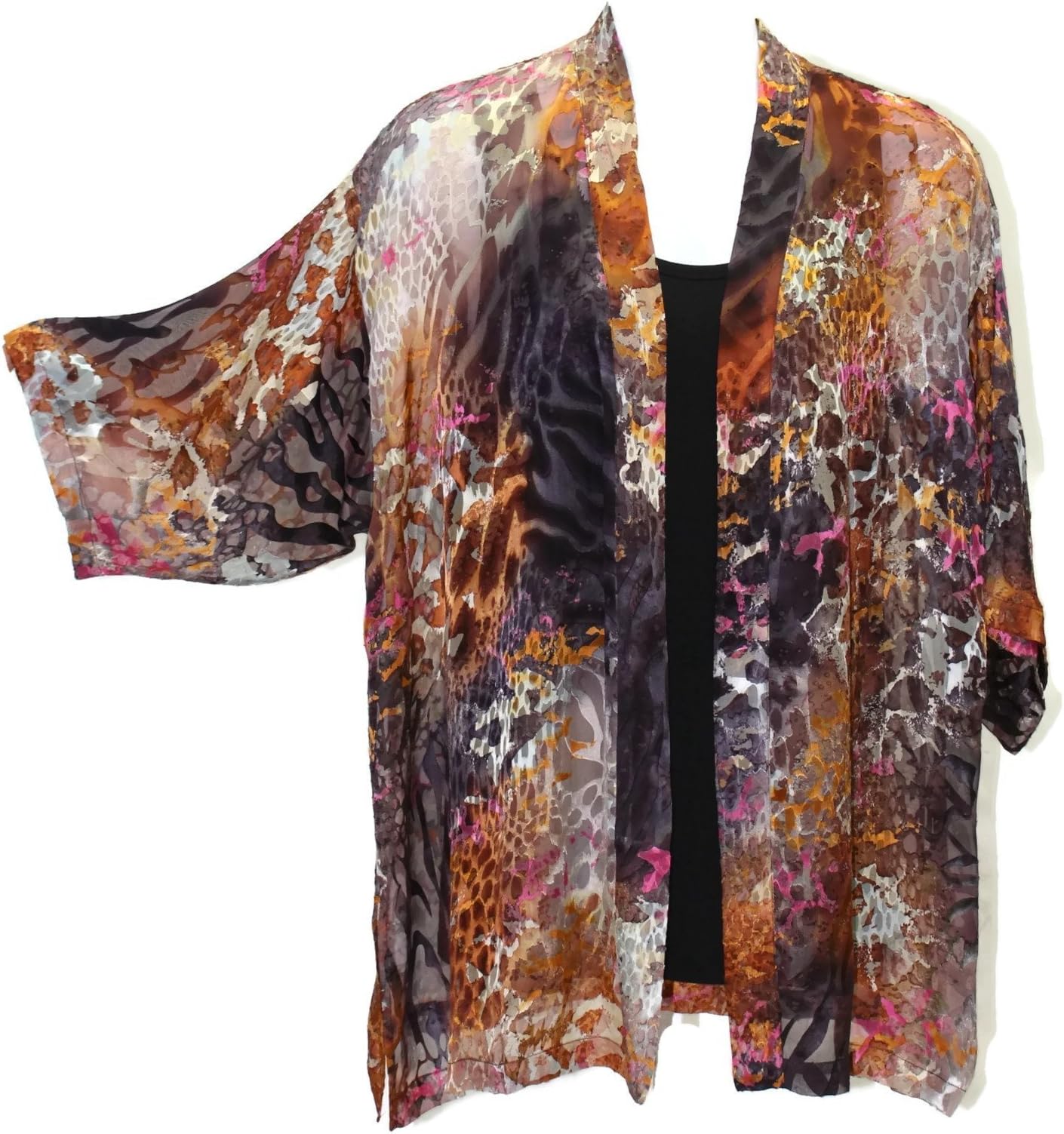 Women's Hand Painted Burnout Silk Kimono Jacket Plus Size Art to Wear
