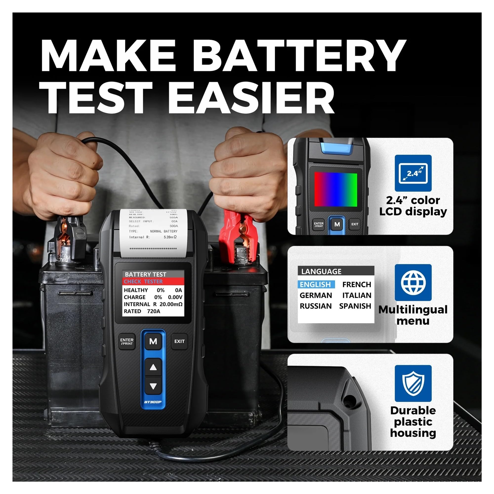 Comprobador de batería BT300P con Impresora, Prueba Carga Coche 12 V for Motocicleta, analizador Arranque y automática