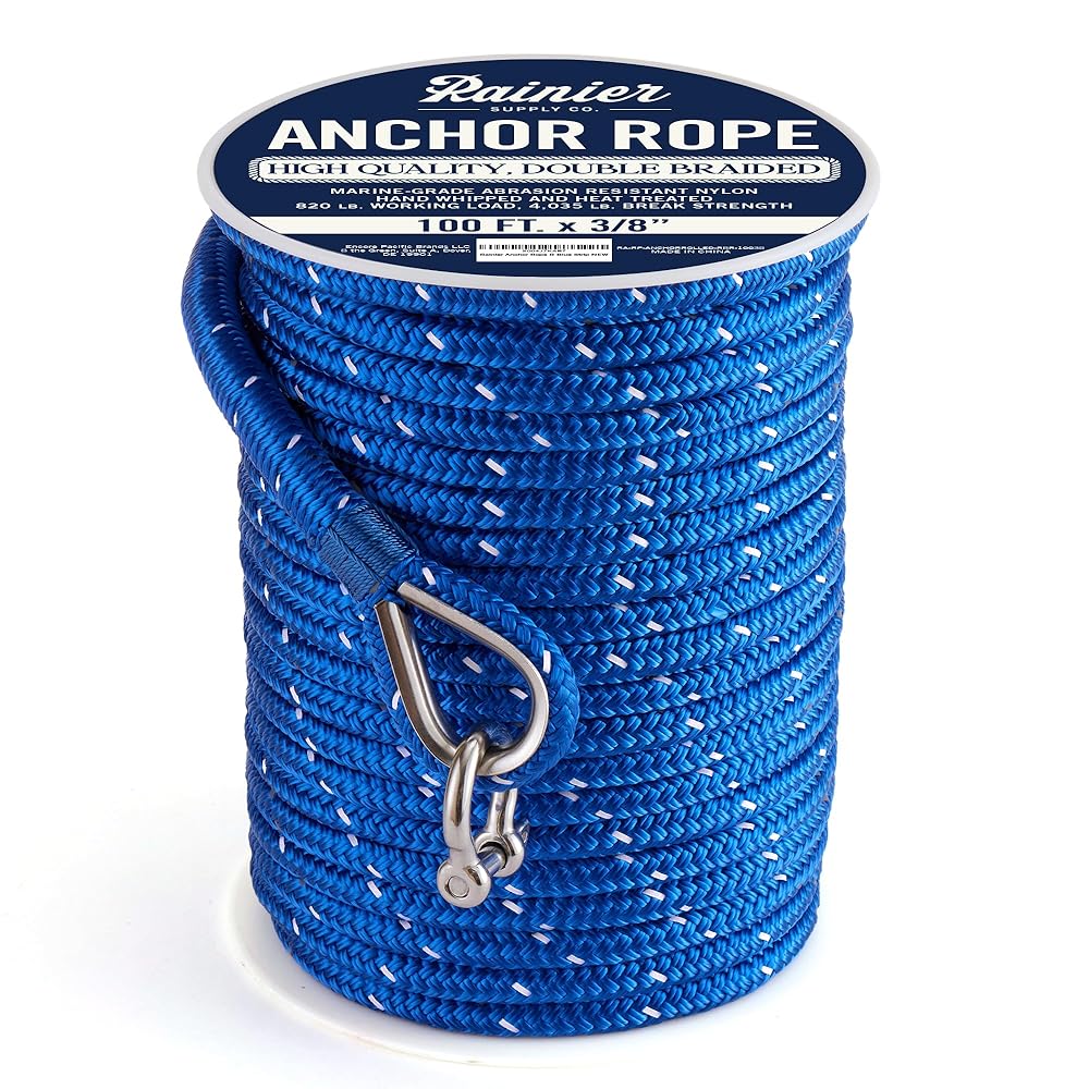 RainierSupplyCo Boat Anchor Rope - Double Braided Marine Rope Anchor Line - 100 ft x 3/8 Inch Nylon Boating Line with 316 Stainless Steel Thimble and Heavy Duty Marine Grade Bow Shackle - Royal Blue