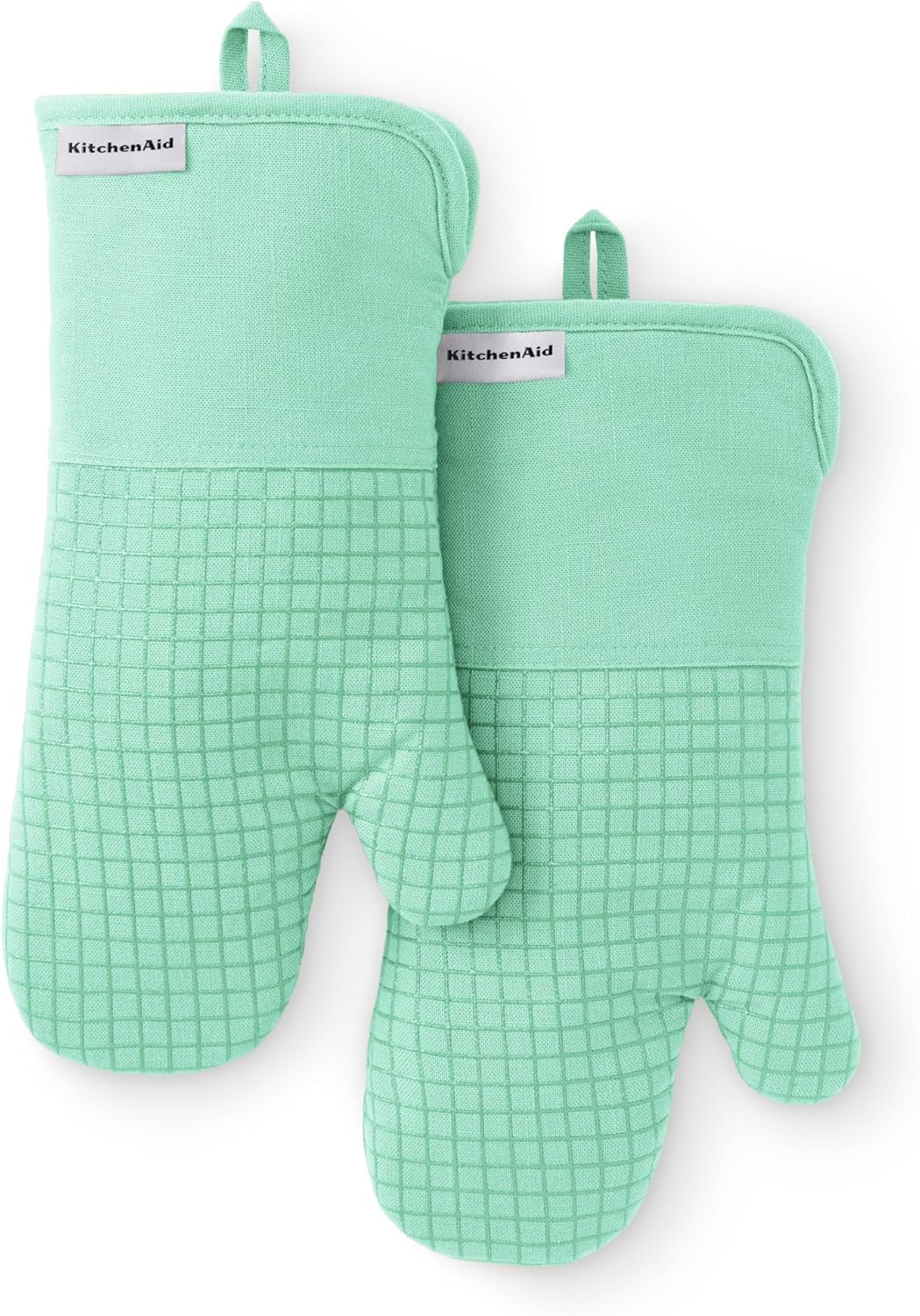 KITCHENAID Gourmet Series Gridlines Oven Mitts 2-Pack Set, Heat Resistant up to 600°F, Soft Silicone Grip, Magnetic Cuff, Color of The Year, Spearmint, 7"x14"
