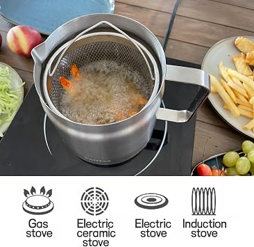 Saltlas 304 Stainless Steel Deep Fryer Pot with Basket and Oil Strainer, Double Bottom for Even Heating, Bacon Grease Container for Kitchen and Camping, Japanese Tempura Fryer, 2L (2Qt/68oz)