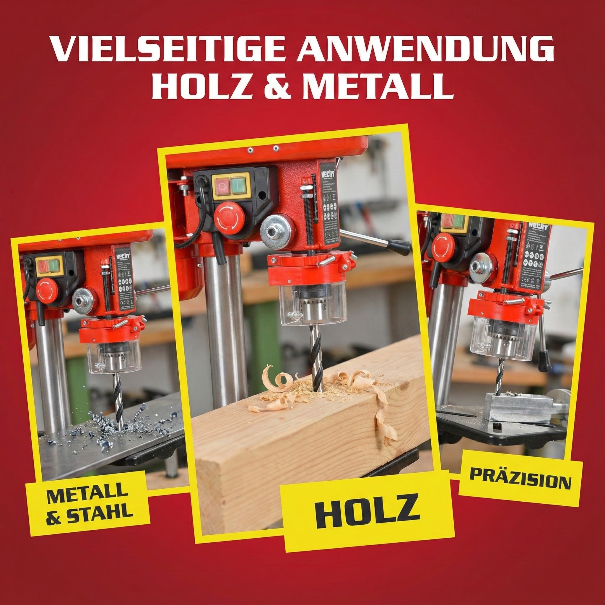 Hecht Standbohrmaschine, Säulenbohrmaschine mit starken 500 Watt – 9-stufige Dreh-zahlregelung, drehbar - und höhenverstellbarer Bohrtisch – Späneschutz - Ideale Standbohrmaschine, Tischbohrmaschine