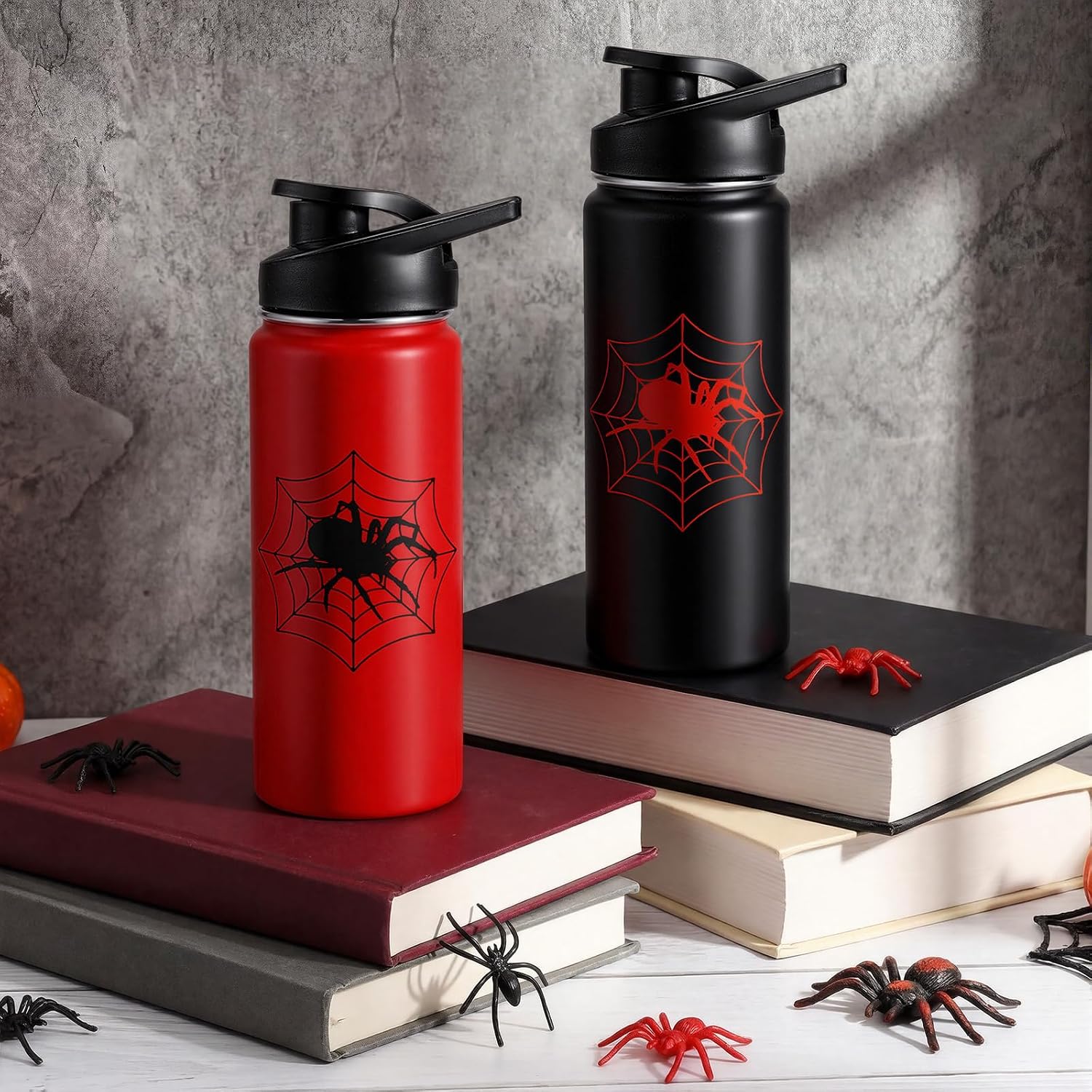 Bokon 2 Pcs Spider Water Bottle with Straw Lid 16 oz Insulated Red Black Stainless Steel 18/8 Spiderweb Vacuum Cups Tumbler for Travel Outdoor Family Friend Gifts, Leak Proof Lid Design (Classic)