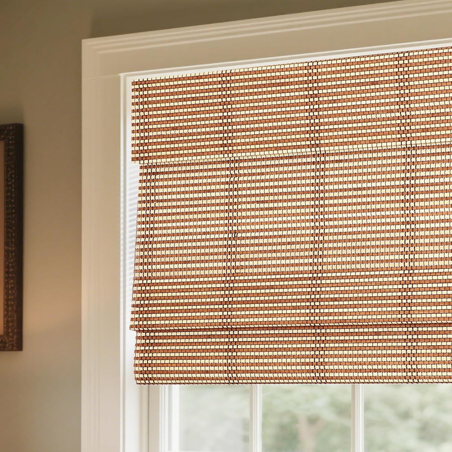 Sunbox Bamboo Roman Shades, Cordless Roman Blinds, Custom Window Blinds, Light Filtering Window Treatment, Natural Two Tone Bamboo Woven Wood Roman Shades for Indooer Windows, French Doors