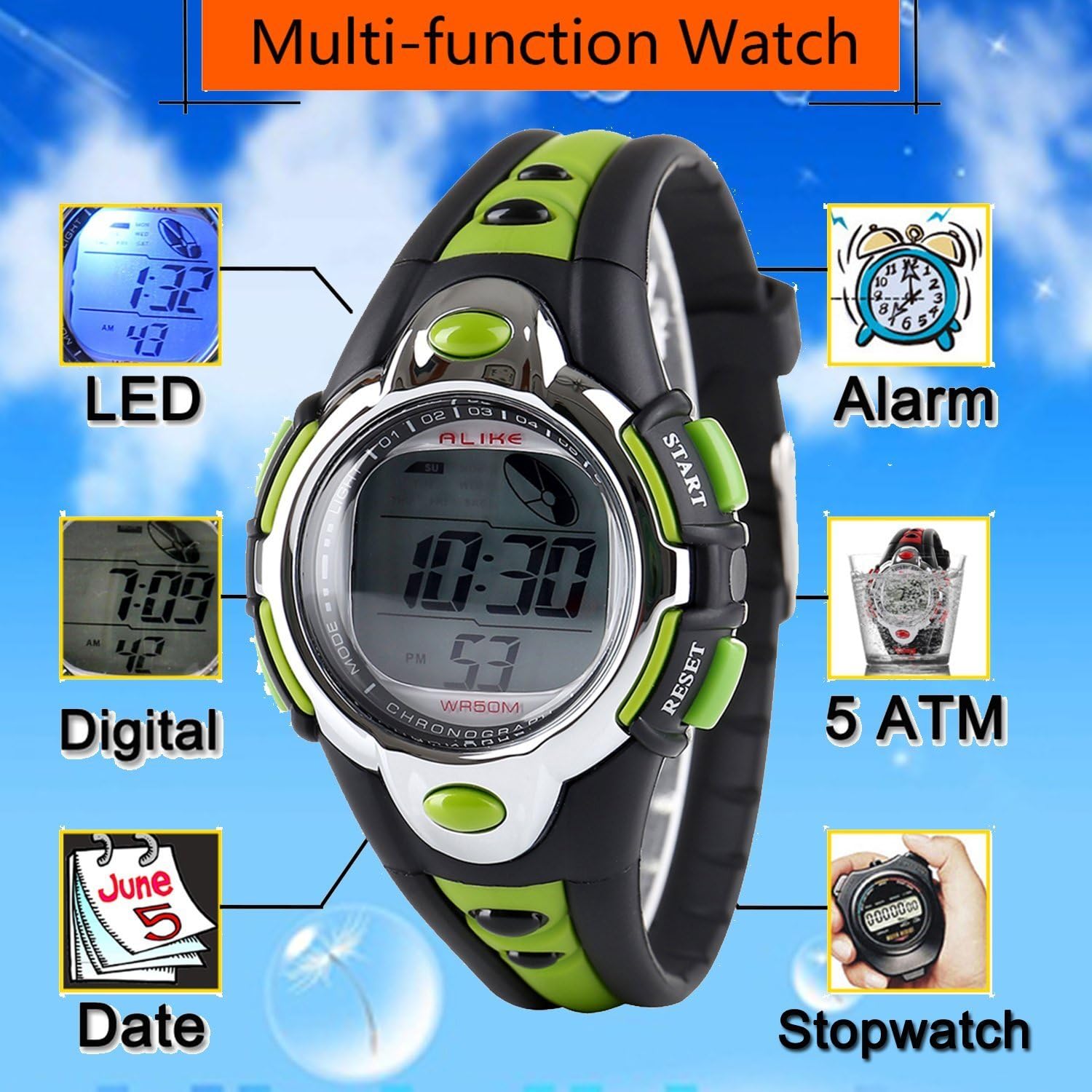 Vavna Flash Lights 50m Waterproof Chronograph Digital Boys Girls Sports Watch Alarm (Green) : Clothing, Shoes & Jewelry