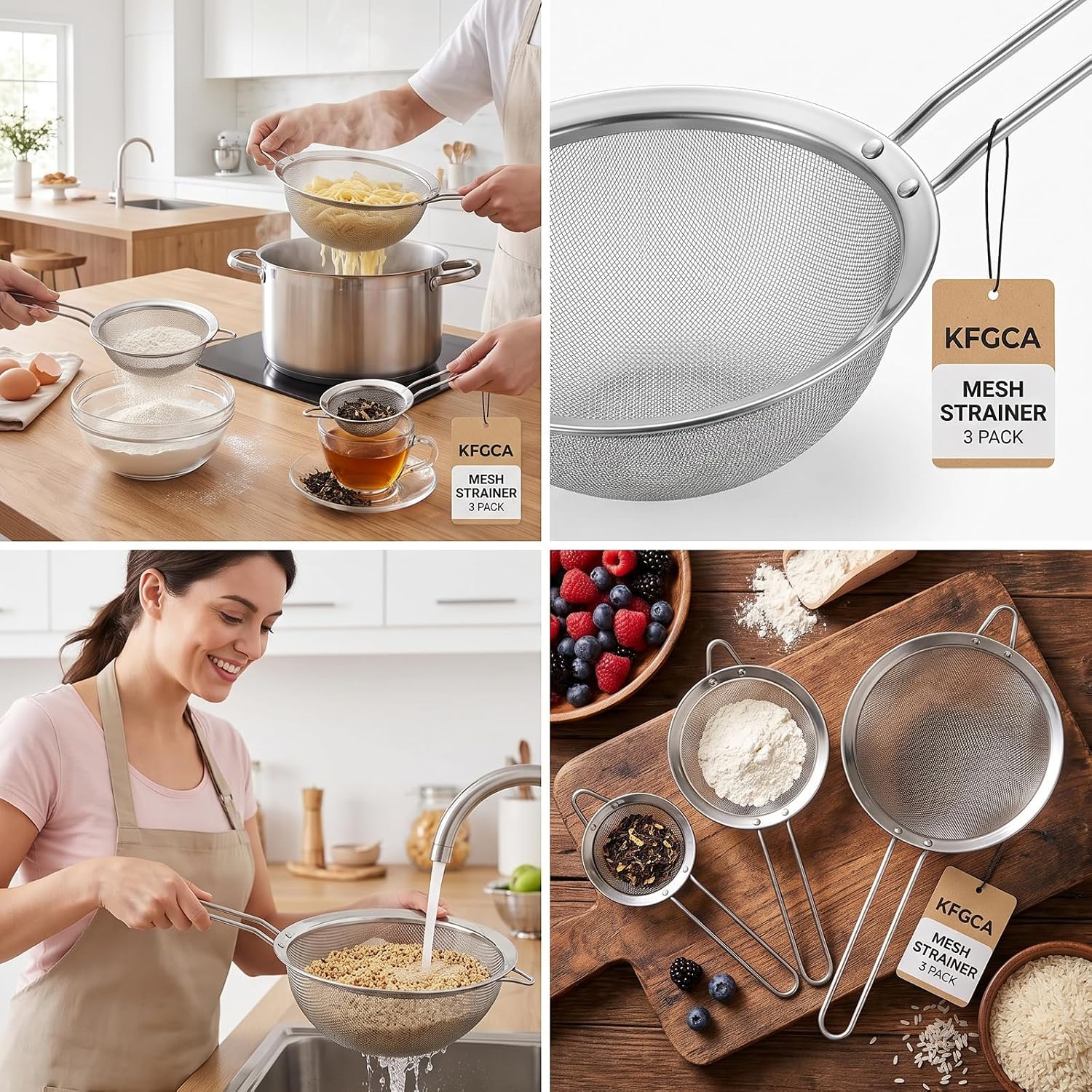 Fine Mesh Strainer Set 3-Piece,Stainless Steel Sifters 3.15"5.5"7.8"Kitchen