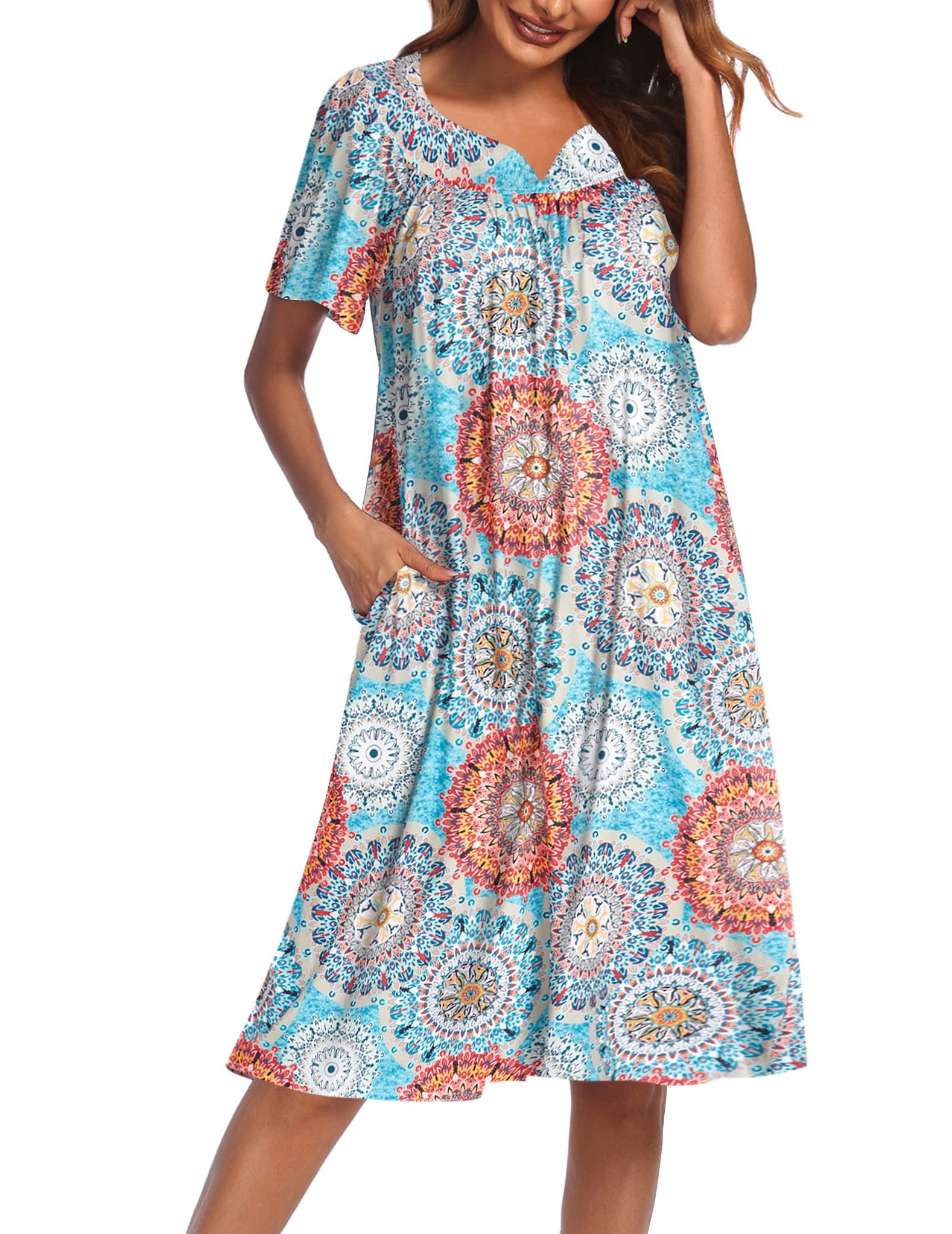 Ekouaer Camisón Mujer Vestidos Casual Tallas Grandes 2024 Estampado de Manga Corta Suelto Bolsillos Grandes