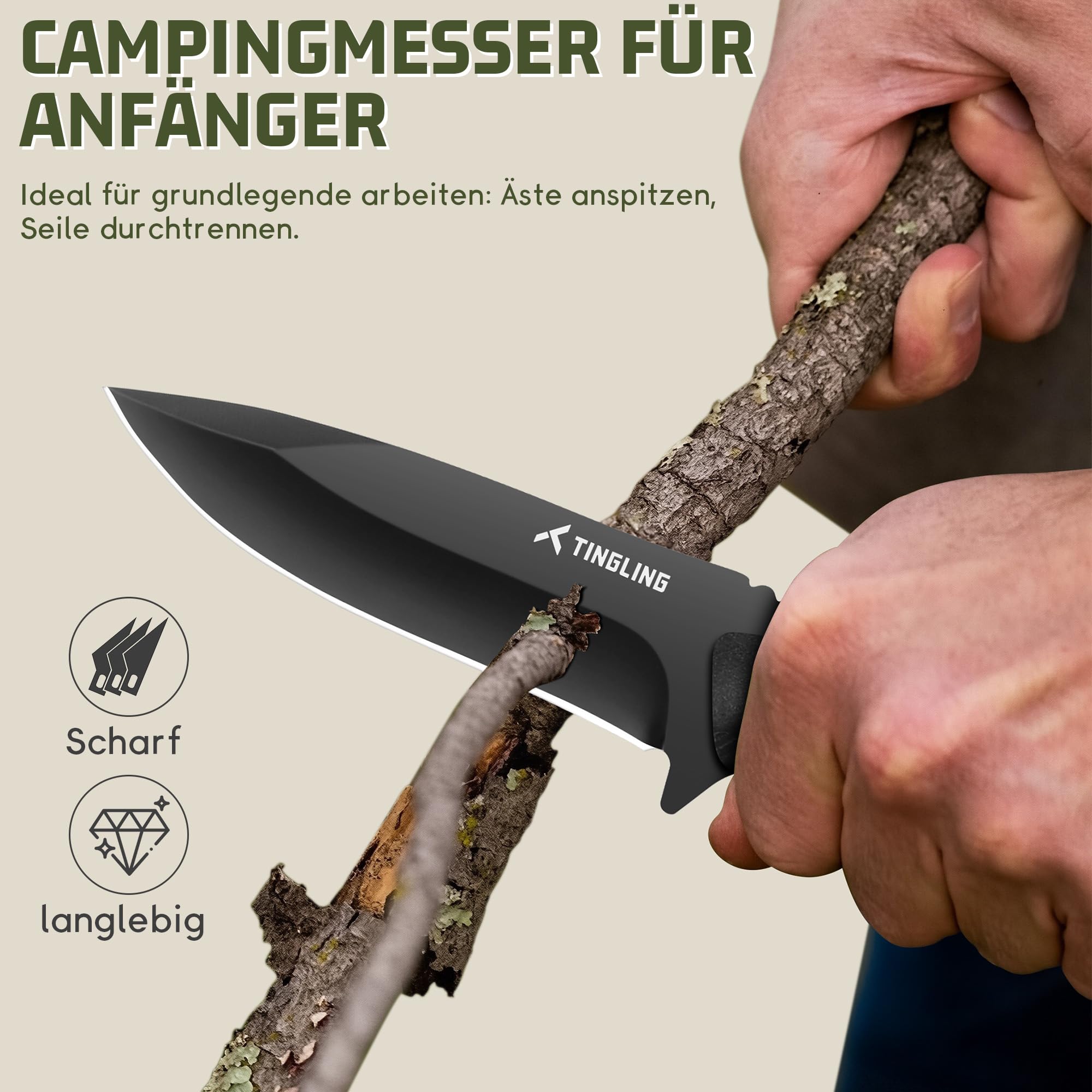 Tingling Couteau de Camping à Lame Fixe : Couteau d'Extérieur pour Débutants avec Gaine