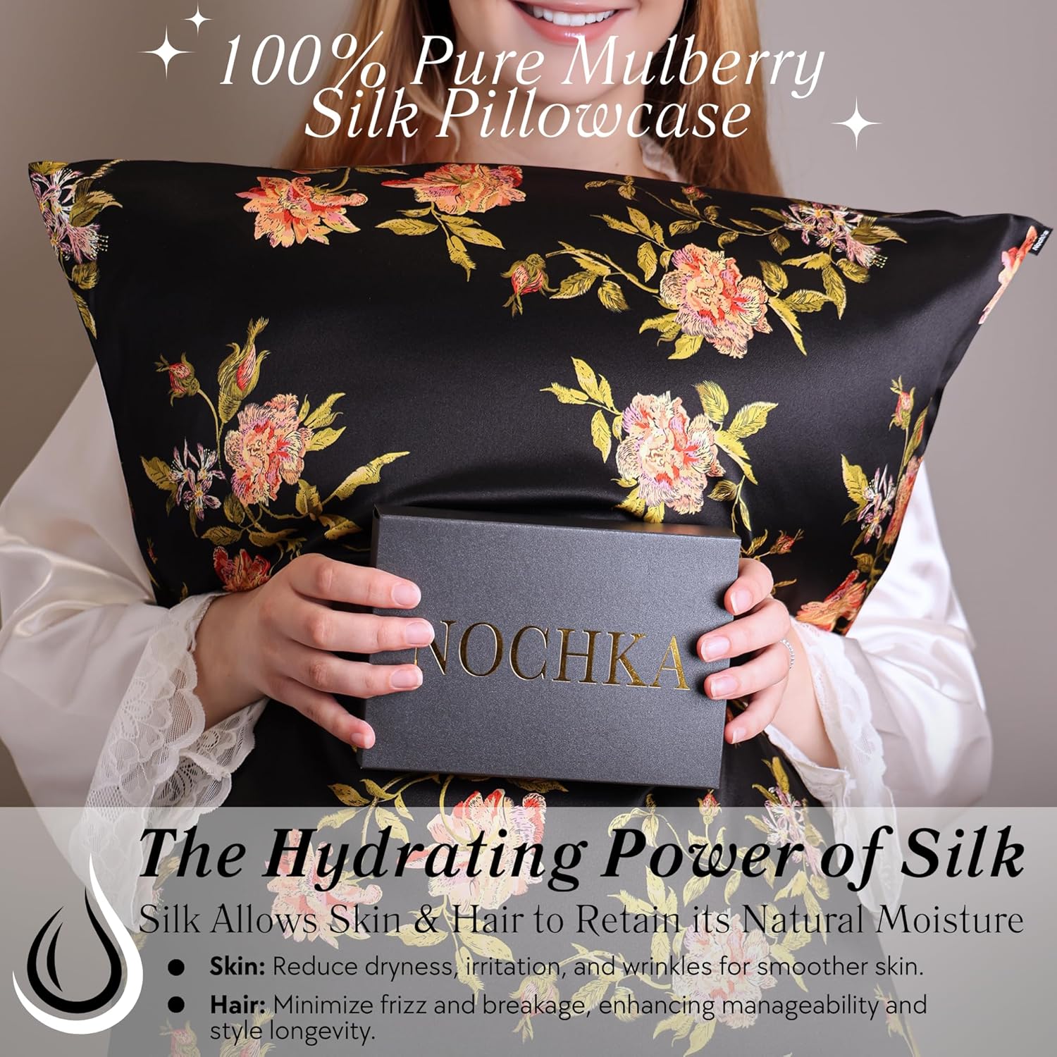 Nochka Fashion 100% Pure Mulberry Silk Pillowcase – Handmade in USA – 22 Momme Printed Silk Cover for Hair & Skin – Anti-Frizz, Anti-Aging, Envelope Closure – For Women & Men (Wild Rose, King)