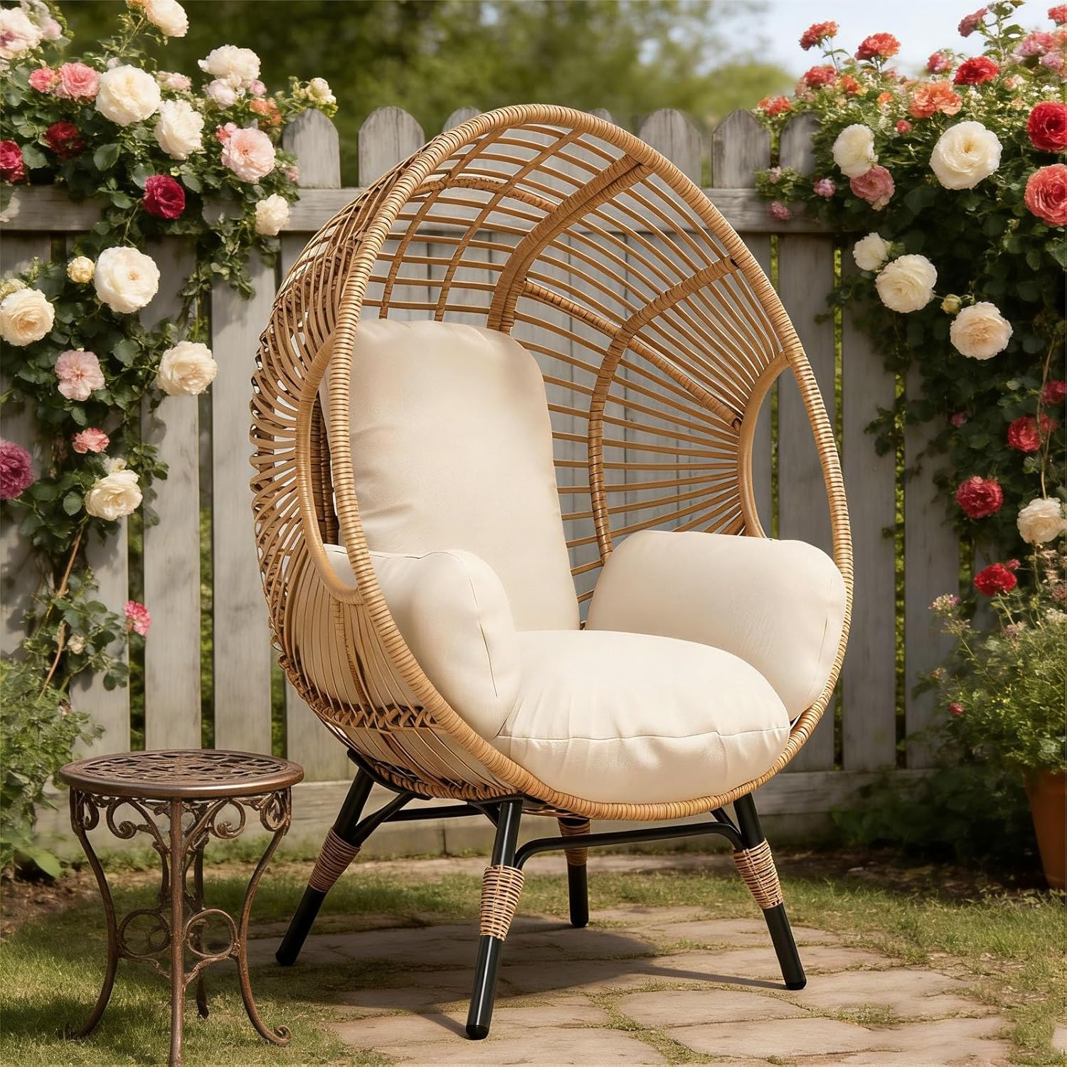 Balcony Chairs Wicker Egg Chair, 400lbs Capacity, Indoor Outdoor Use, Weather-Resistant PE Rattan(Natural)