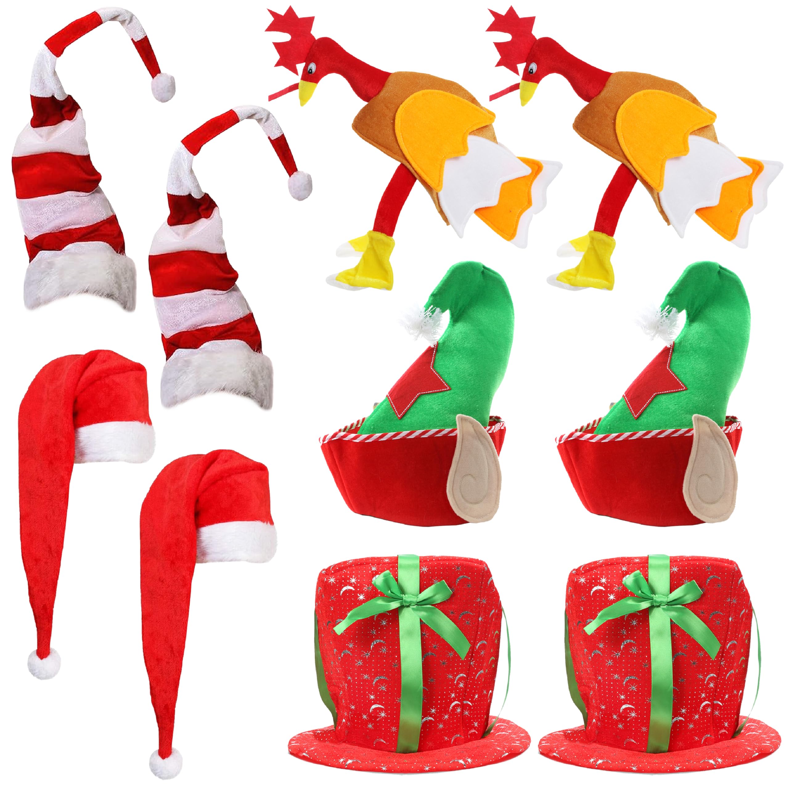 Paquete de 10 sombreros de Navidad, 2 sombreros de regalo de Navidad, 2 sombreros largos de Papá Noel, 2 sombreros de elfo verdes, 2 sombreros largos de Papá Noel a rayas rojas y blancas y 2 sombreros