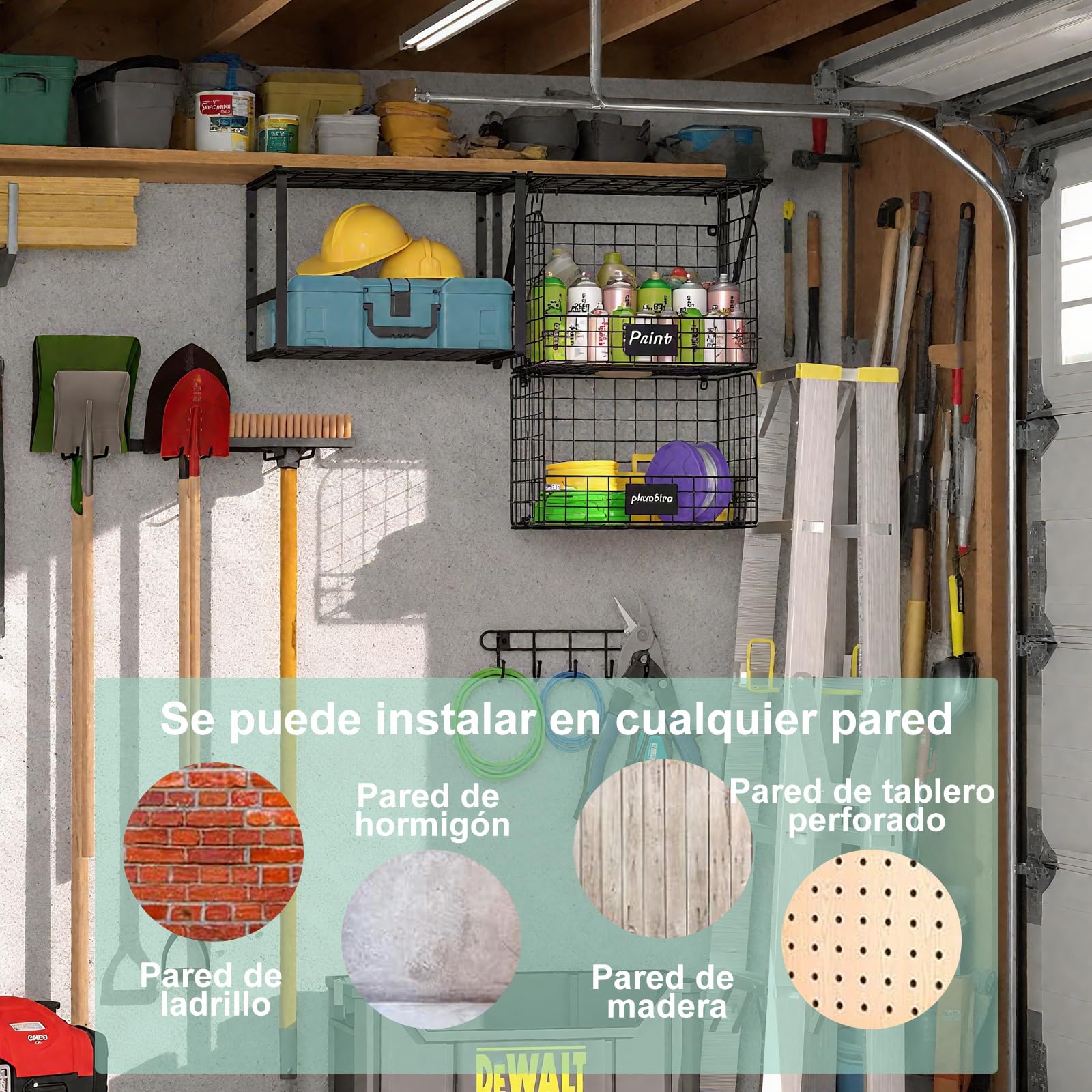 Estantes de garaje para montaje en pared con cestas de alambre, estantería de pared robusta para garaje con soporte para herramientas de jardín y ganchos, estantes de almacenamiento para casa