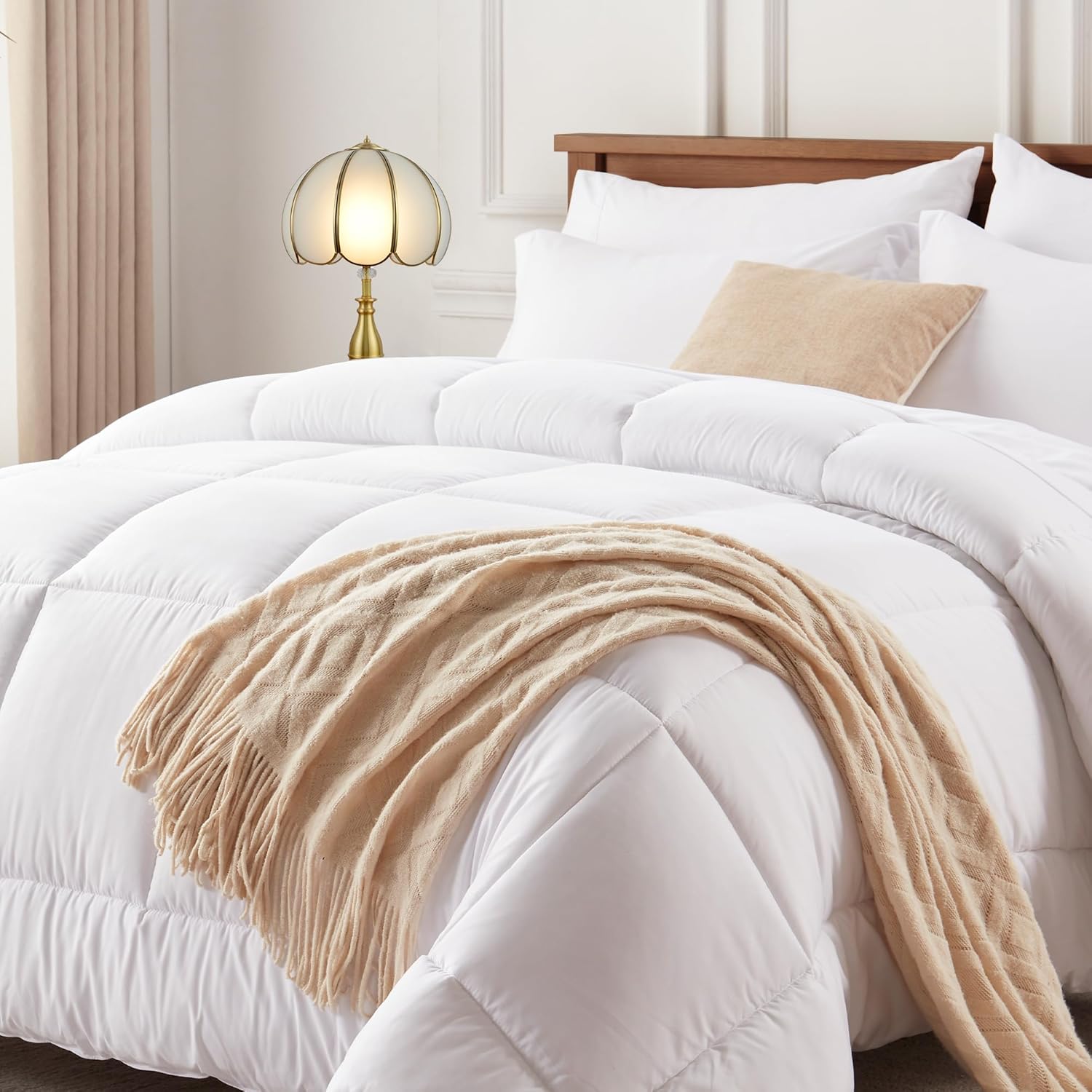 Newspin Full Comforter Set White - Bed in a Bag Full Size 7 Pieces, All Season Bed Set, Fluffy Comforter Set with Sheets, Sheet Set Quilt Blanket, Pillowcases & Shams White - Square Full