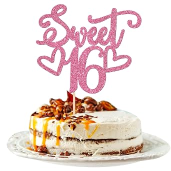 1 PCS Sweet 16 Cake Topper with Heart Glitter Hello 16 Happy 16th Birthday Cake Pick Cheers to 16 Years Old Cake Decorations for Happy 16th Birthday Anniversary Theme Party Supplies Pink