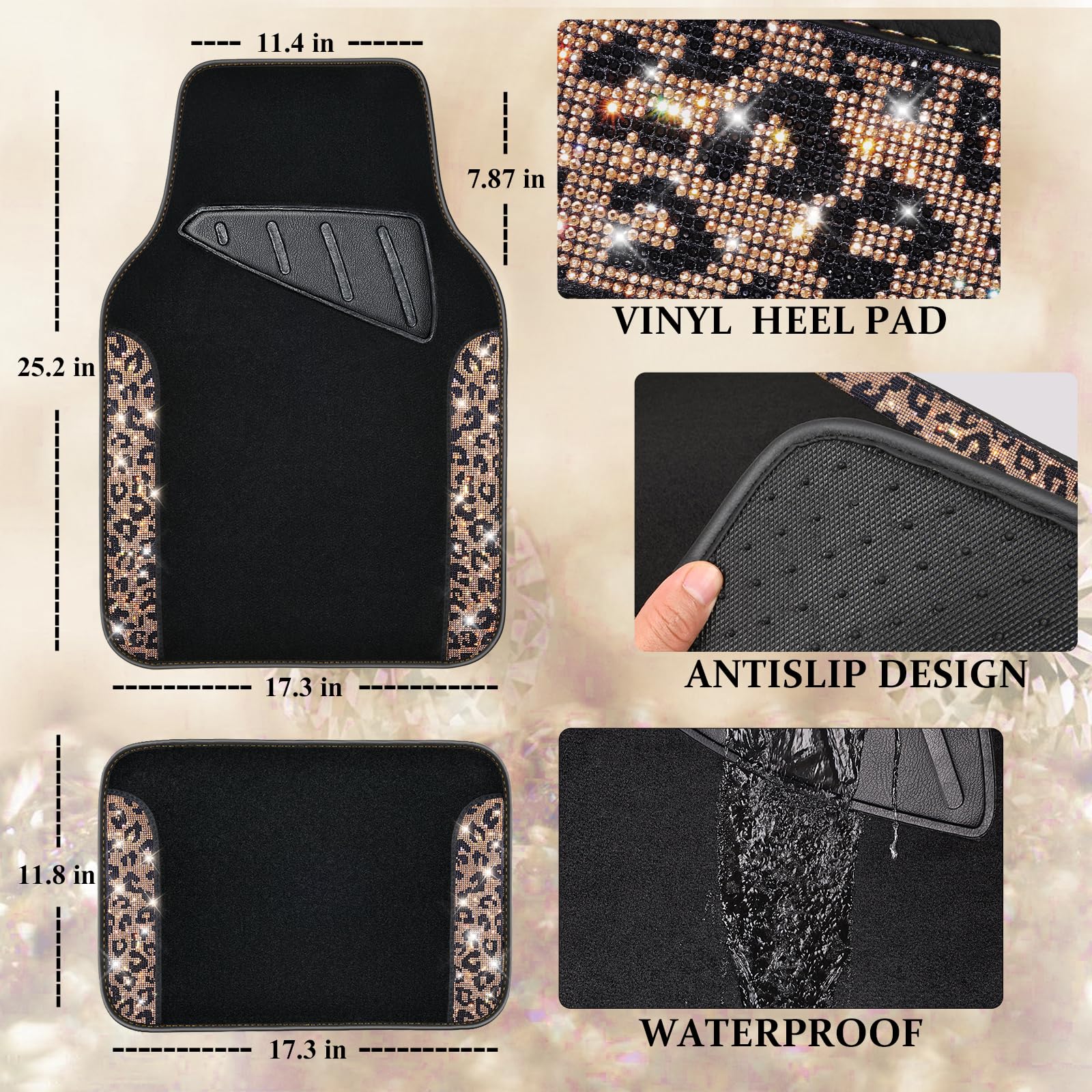 CAR PASS Bling Diamond Car Floor Mats Shining Rhinestone Carpet Sparkly Glitter Crystal with Anti-Slip PVC Heel Pad — view 5