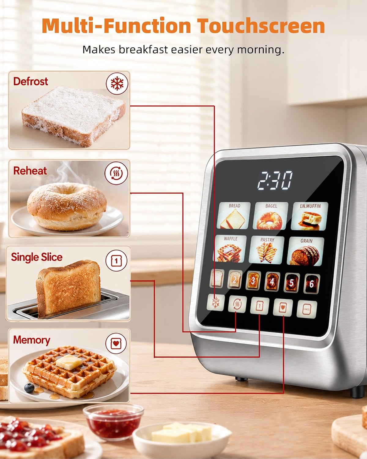 Keenstone 4 Slice Touch Screen Toaster with Long Wide Slots,Stainless Steel | 1400W Digital Toasters with 6 Browning Levels, Defrost, Reheat, Memory, Single Slice, Cancel for Bread, Bagels, Waffles
