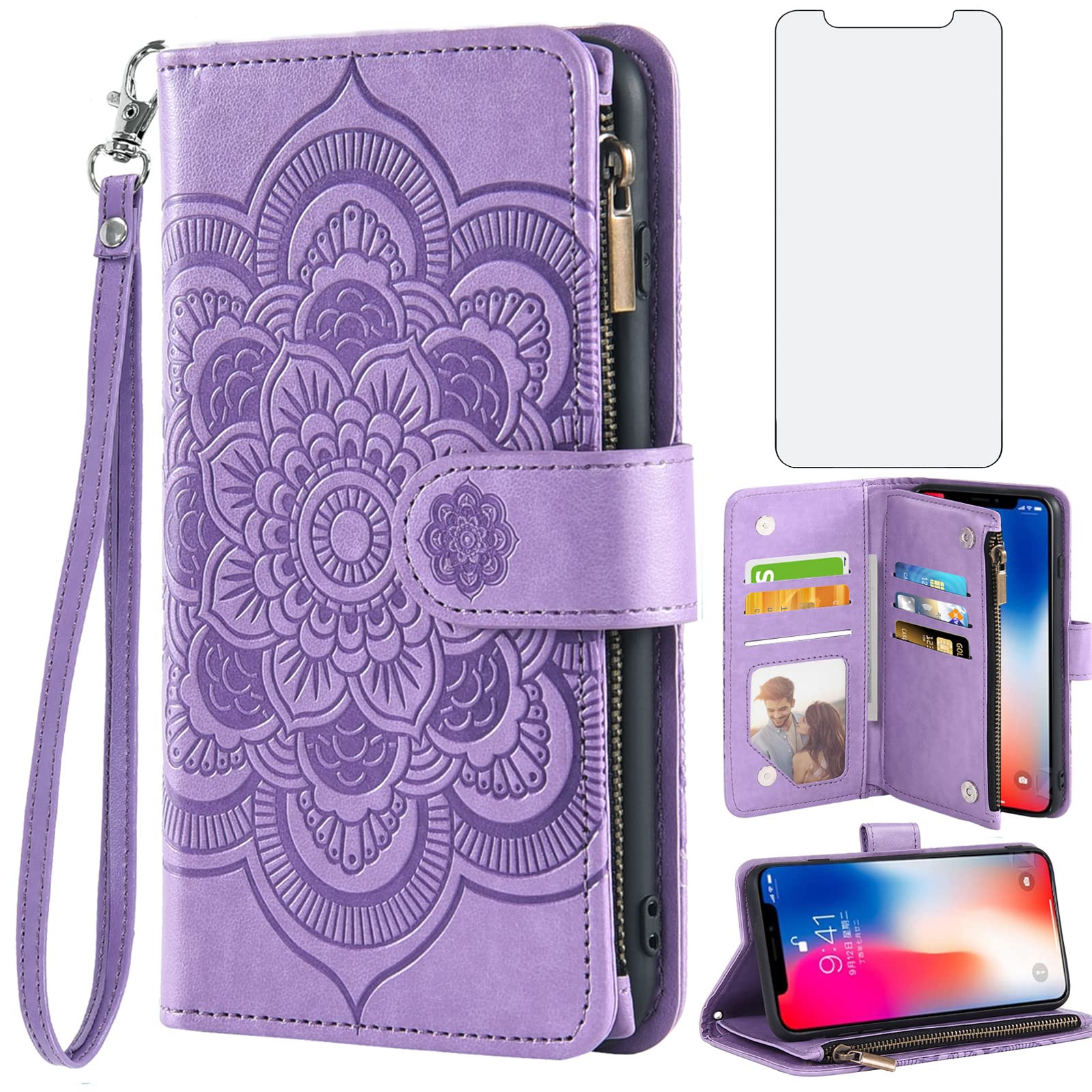 Asuwish Compatible with iPhone Xs X 10 10s Wallet Case and Tempered Glass Screen Protector Leather Flip Card Holder Cell Phone Cover for iPhoneX