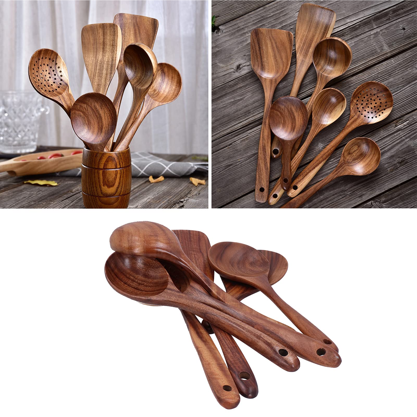 Set di Spatole e Cucchiai da Cucina, Utensili in Legno per Cucinare, Set di Utensili da Cucina, Utensili da Cucina con Manico Lungo per Uso Domestico con Padelle Antiaderenti, Set di Utensili da Cucin