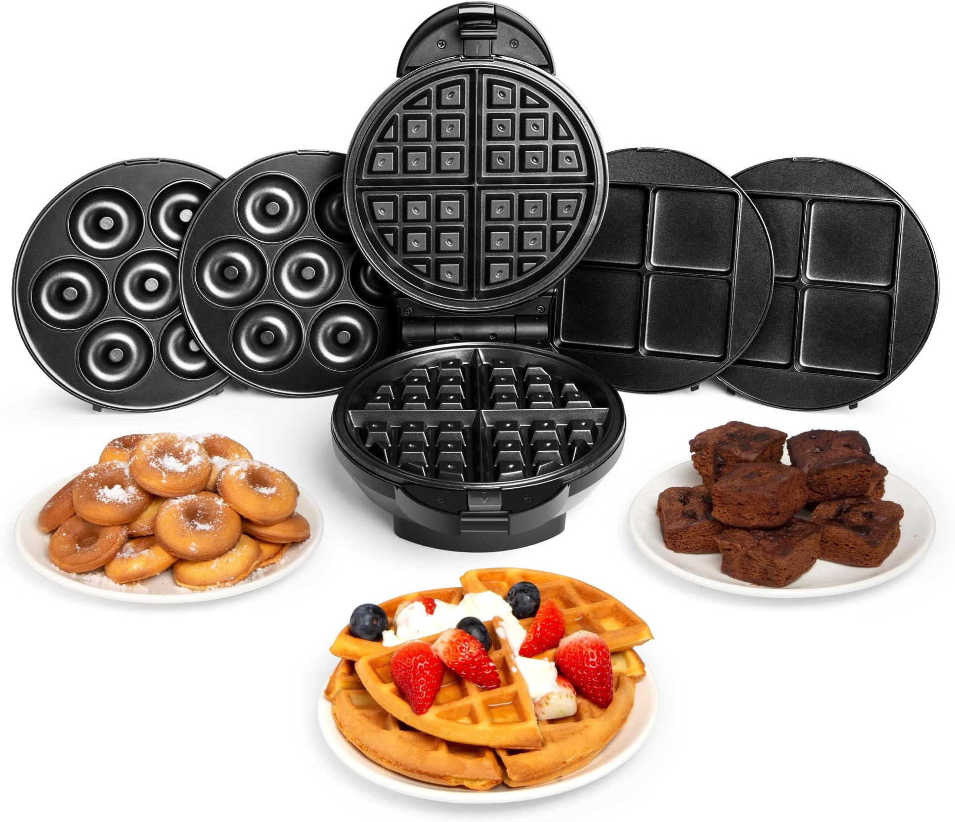 VonShef 3 in 1 Waffle Maker - Brownie & Doughnut Maker with Non-Stick Removable Plates, Cool Touch, Easy Clean - Makes Donuts & Brownies (Black, 800W)